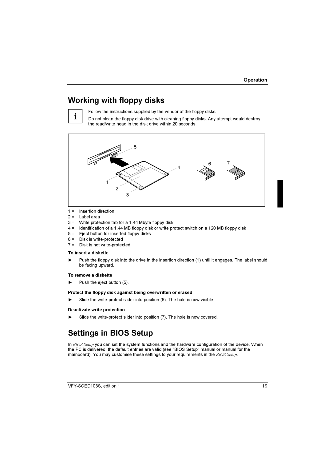 Fujitsu Siemens Computers X103 SFF manual Working with floppy disks, Settings in Bios Setup 