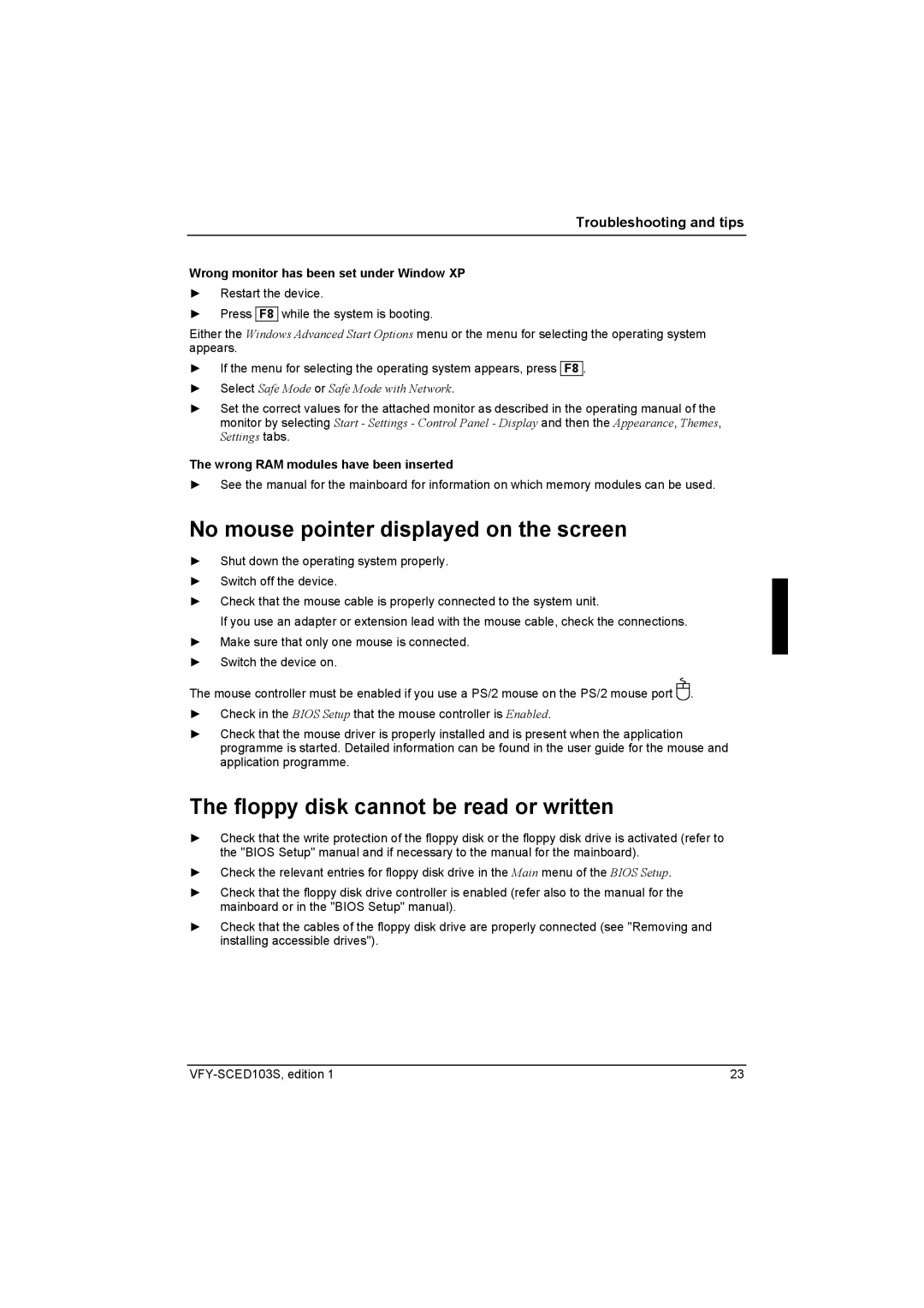 Fujitsu Siemens Computers X103 SFF manual No mouse pointer displayed on the screen, Floppy disk cannot be read or written 