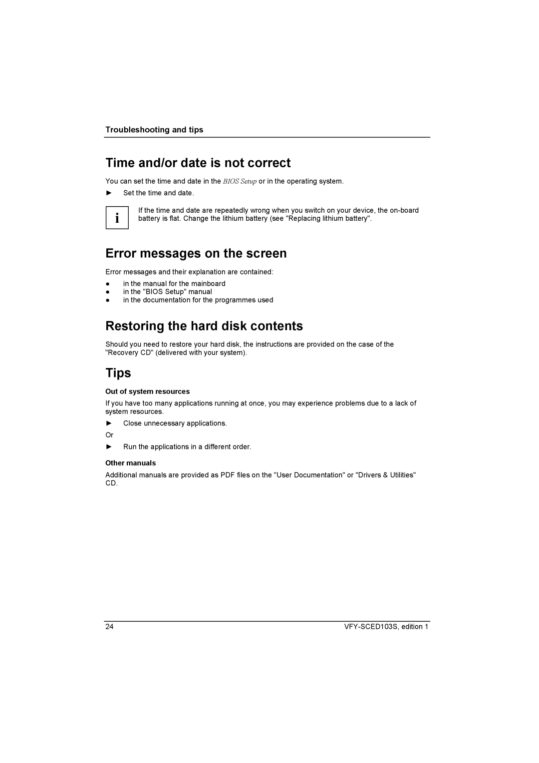 Fujitsu Siemens Computers X103 SFF manual Time and/or date is not correct, Error messages on the screen, Tips 