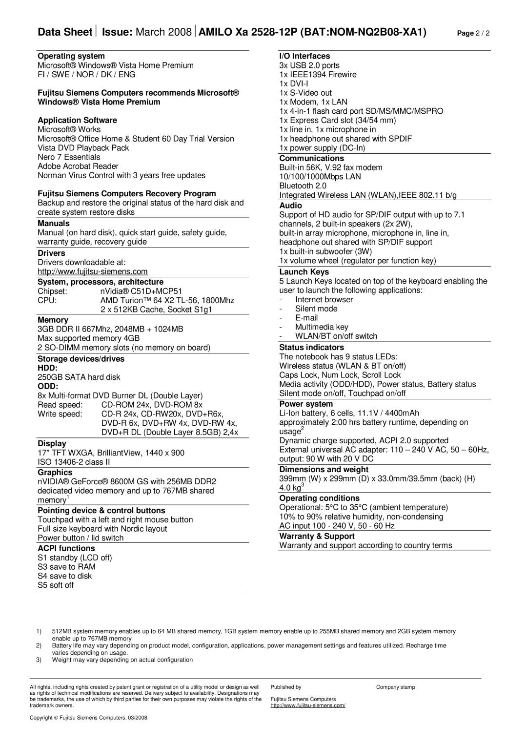 Fujitsu Siemens Computers Xa 2528-12P Operating system, Drivers, System, processors, architecture, Memory, Display, Audio 