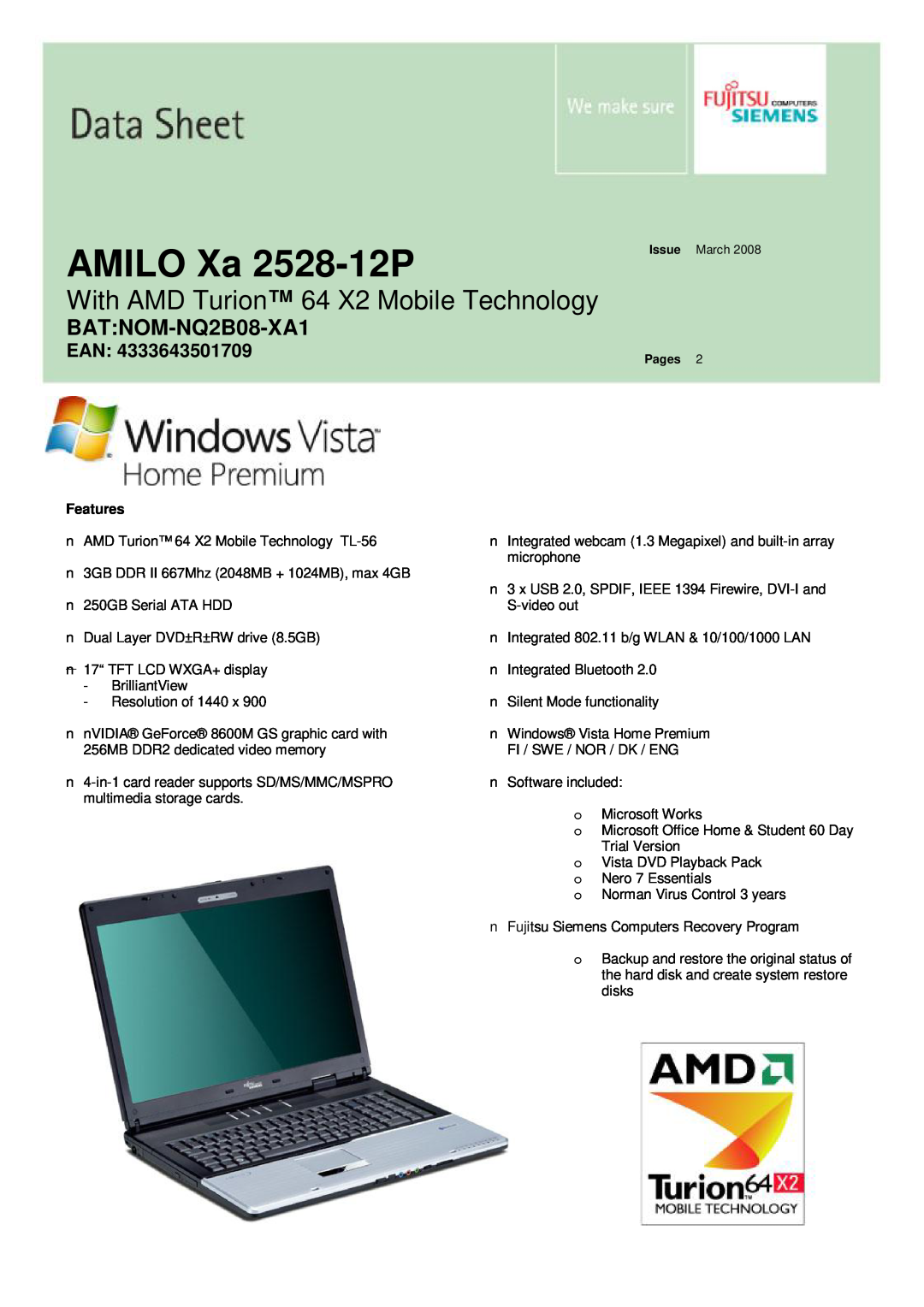 Fujitsu Siemens Computers manual AMILO Xa 2528-12P, With AMD Turion 64 X2 Mobile Technology, BATNOM-NQ2B08-XA1 