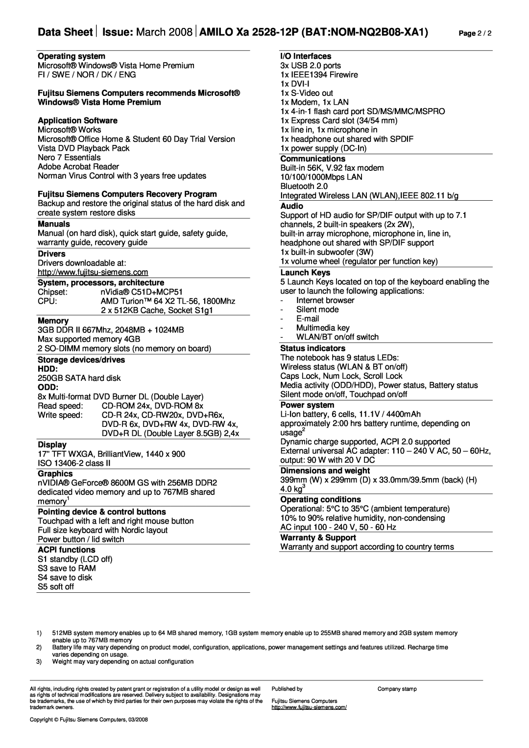 Fujitsu Siemens Computers manual Data Sheet½ Issue March 2008½AMILO Xa 2528-12P BATNOM-NQ2B08-XA1 