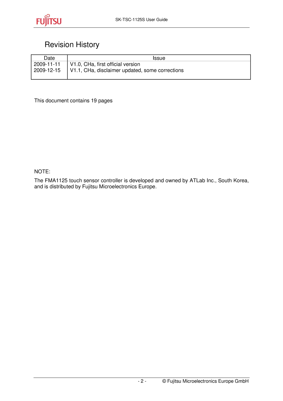 Fujitsu SK-TSC-1125S quick start Revision History 