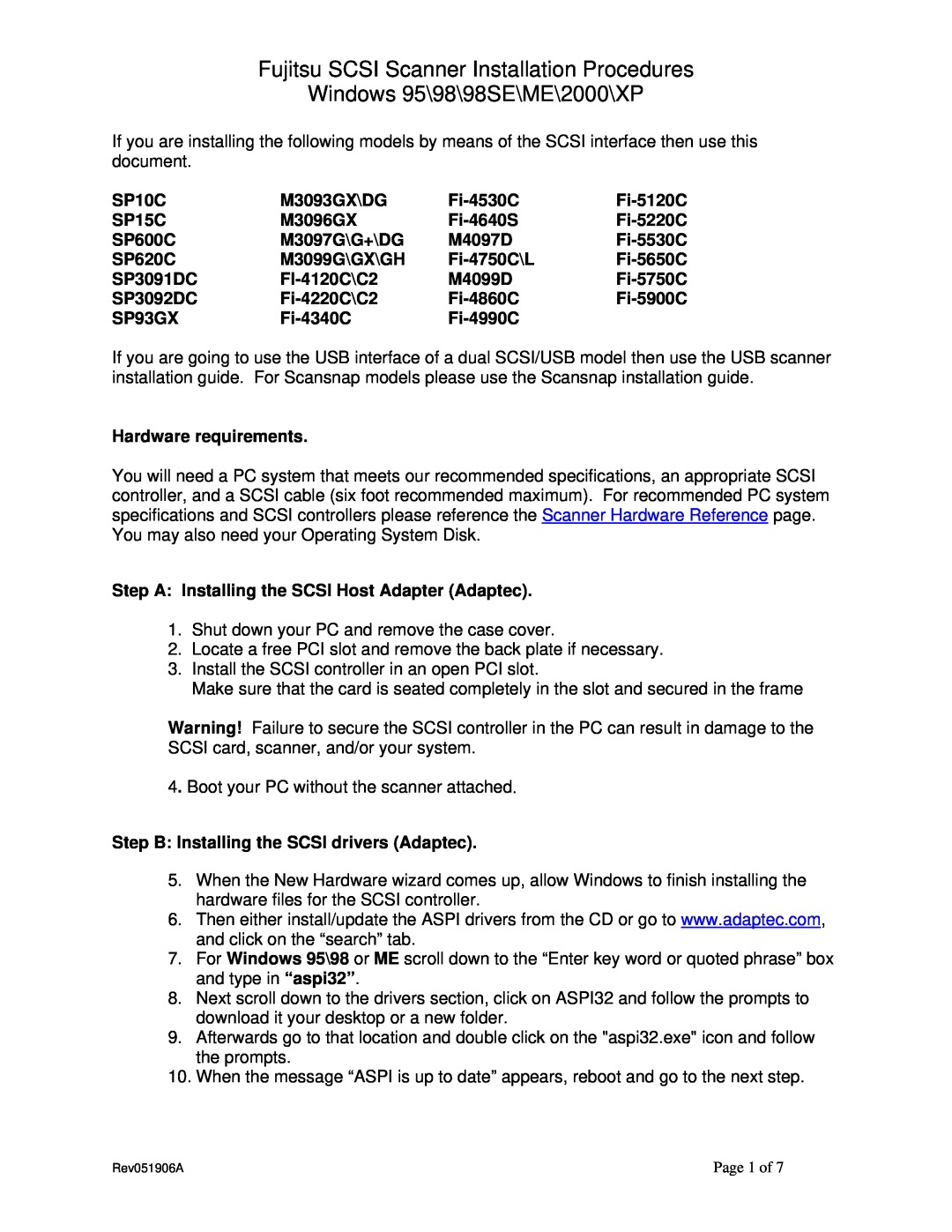 Fujitsu SP620C specifications Fujitsu SCSI Scanner Installation Procedures, Windows 95\98\98SE\ME\2000\XP, SP10C, Fi-4530C 