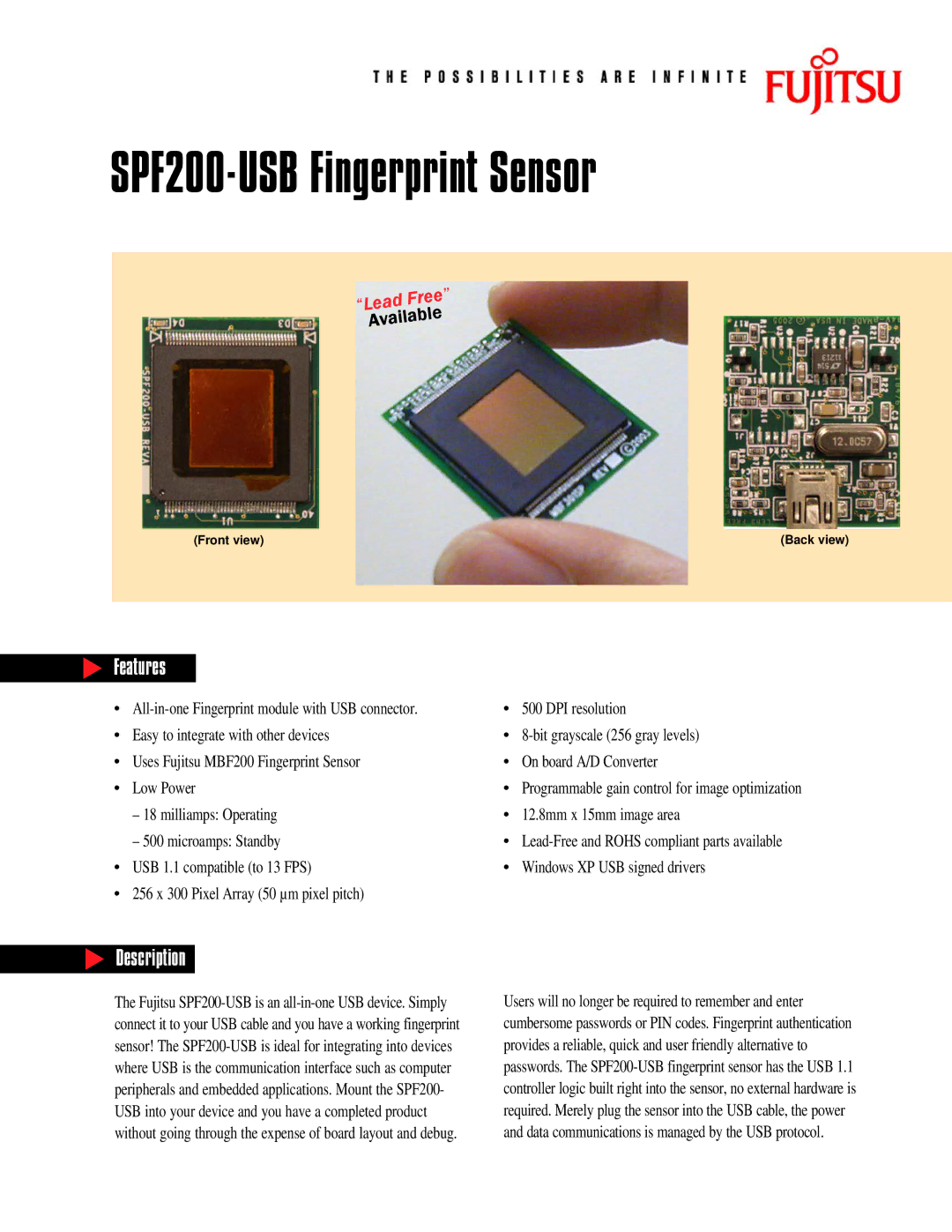 Fujitsu SPF 200 manual SPF200-USB Fingerprint Sensor, Features, Description 