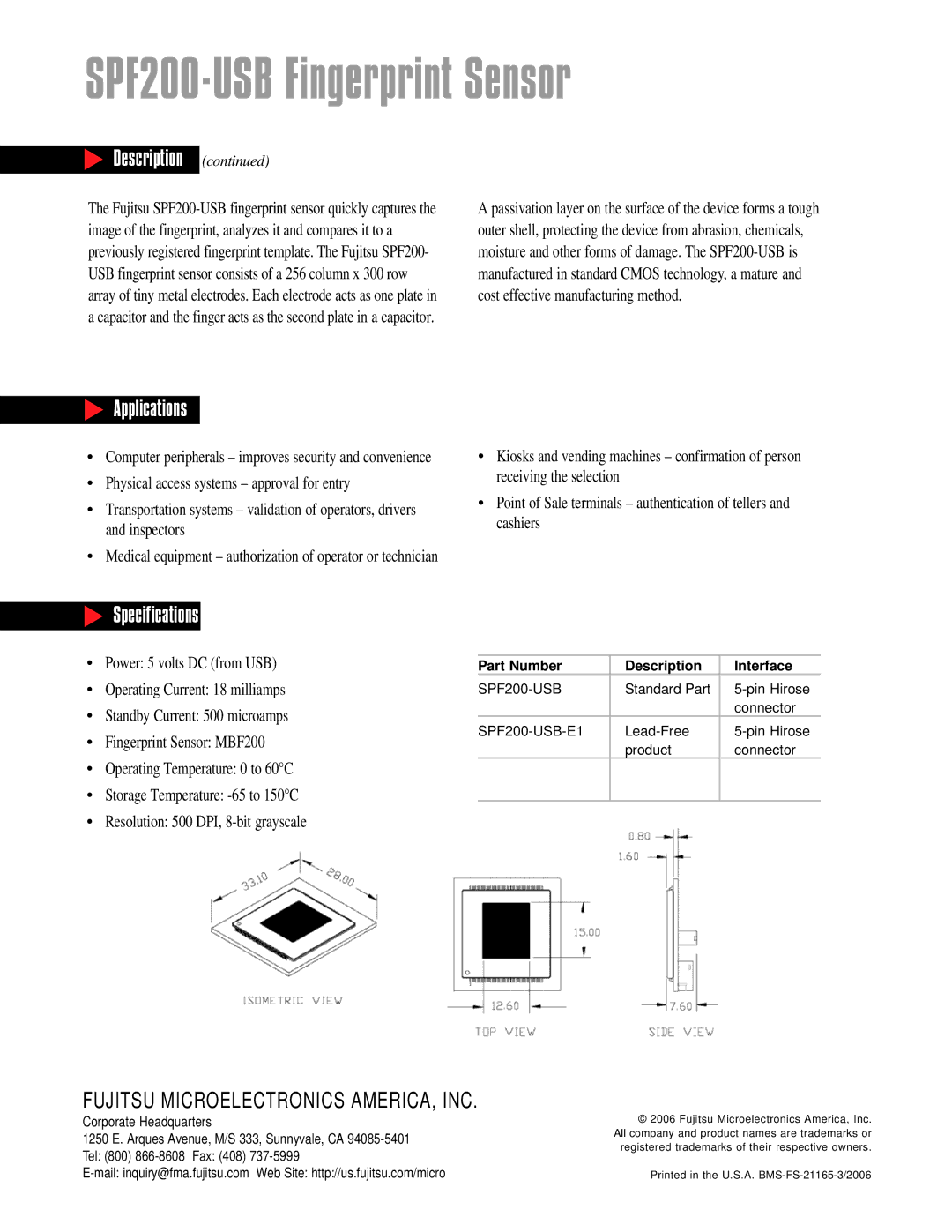 Fujitsu SPF 200 manual SPF200-USB Fingerprint Sensor, Applications, Specifications, Fujitsu Microelectronics AMERICA, INC 