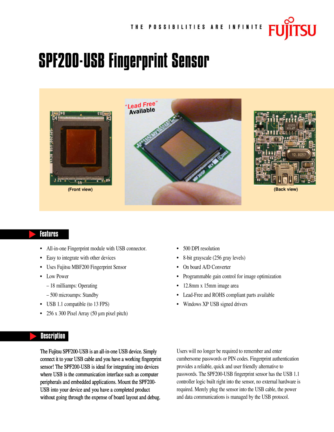 Fujitsu SPF 200 manual Features, Description, SPF200-USB Fingerprint Sensor, “Lead, Free, Available 