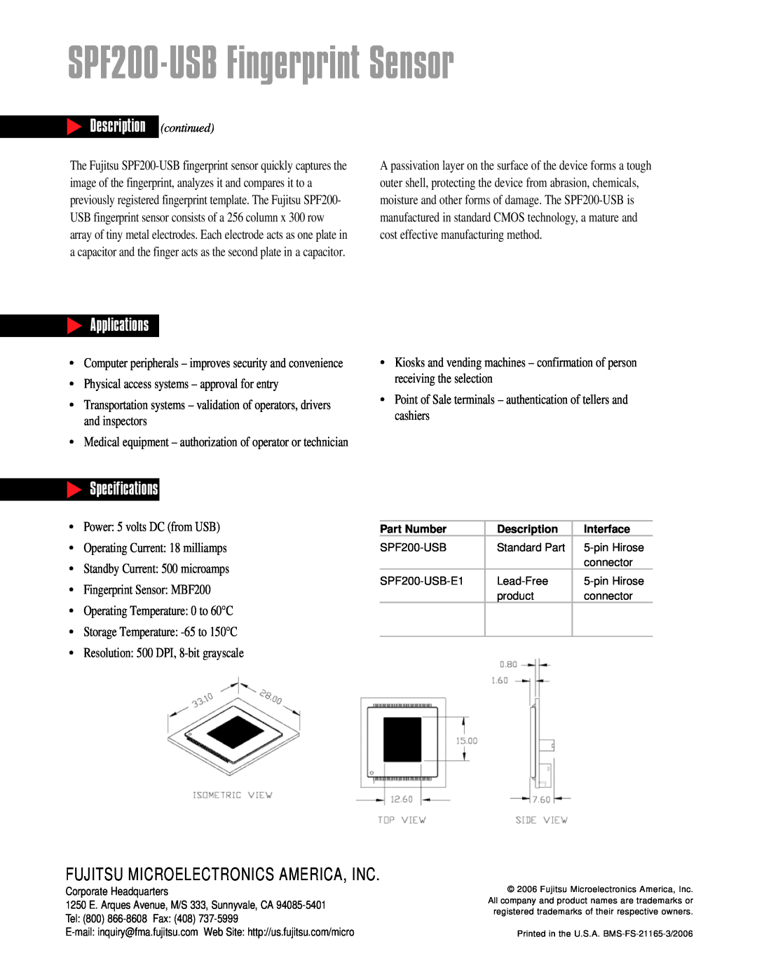 Fujitsu SPF 200 Description continued, Applications, Specifications, SPF200-USB Fingerprint Sensor, Part Number, Interface 