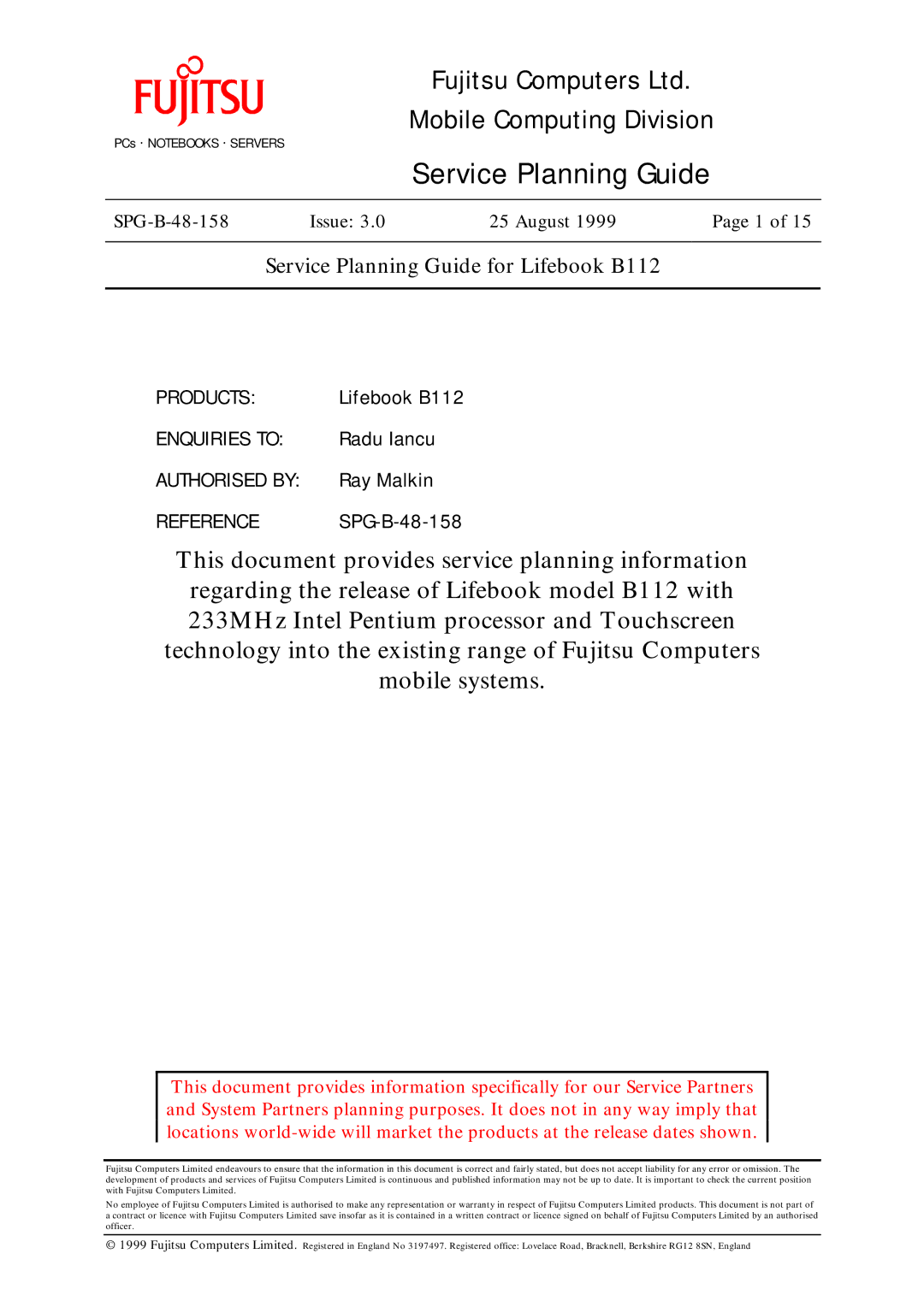 Fujitsu SPG-B-48-158 warranty Service Planning Guide 