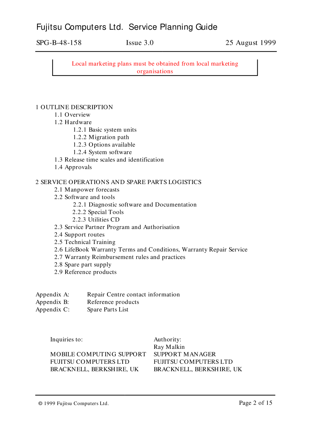 Fujitsu SPG-B-48-158 warranty Outline Description, Service Operations and Spare Parts Logistics 