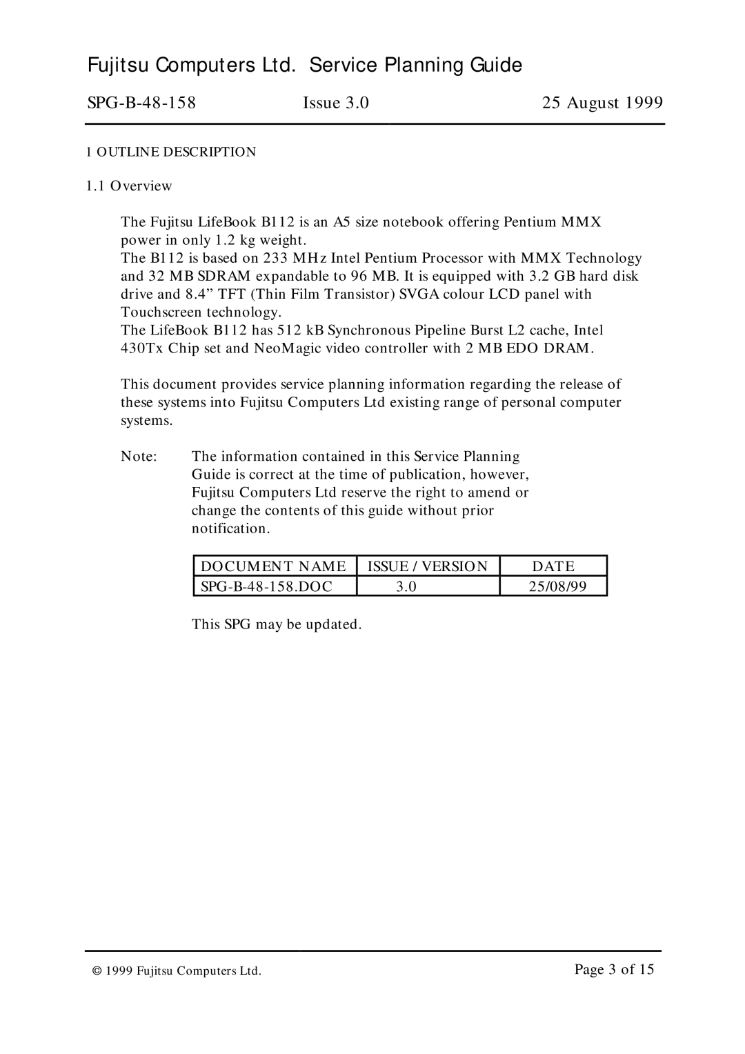 Fujitsu SPG-B-48-158 warranty Document Name Issue / Version Date 