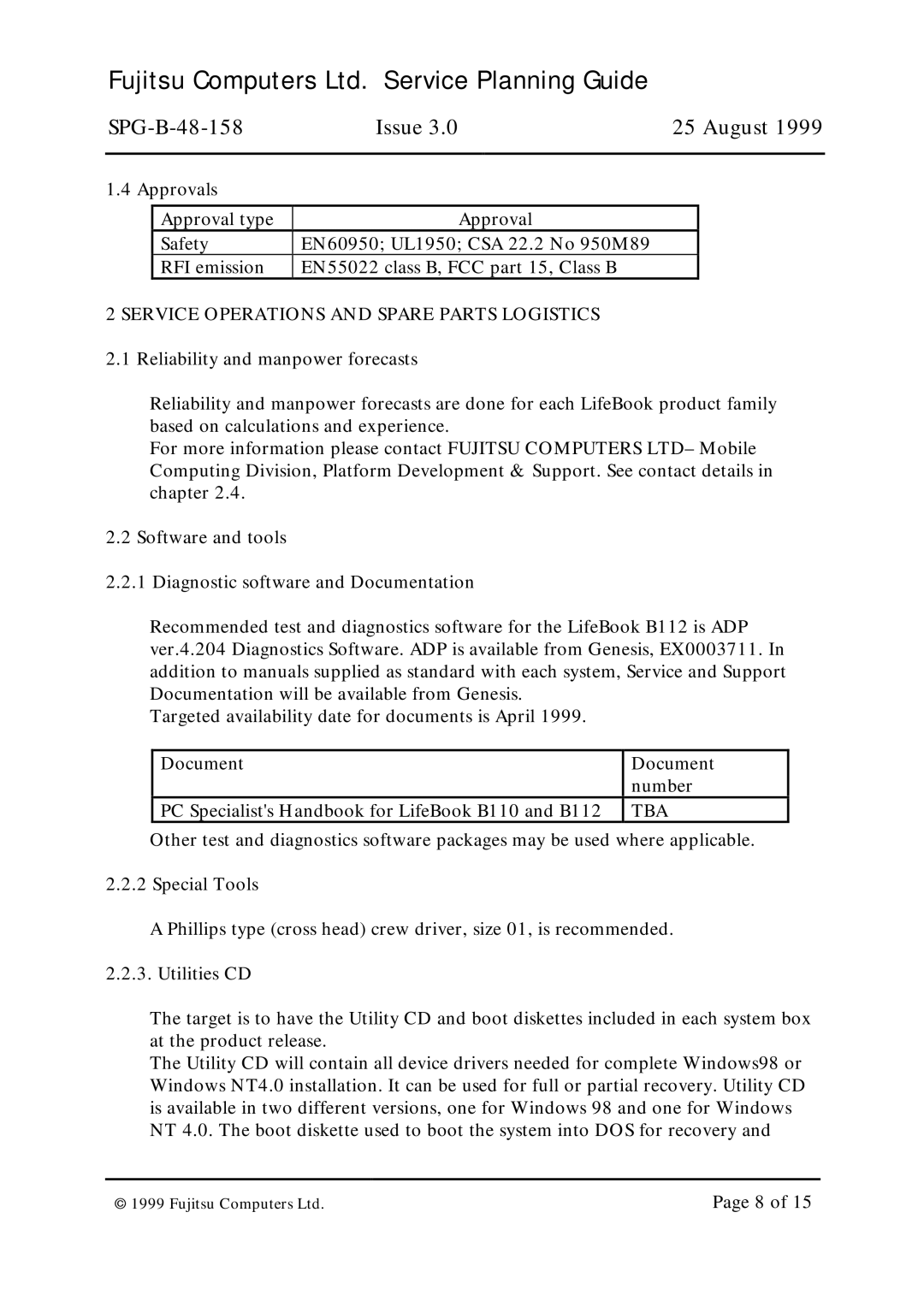 Fujitsu SPG-B-48-158 warranty Service Operations and Spare Parts Logistics, Tba 