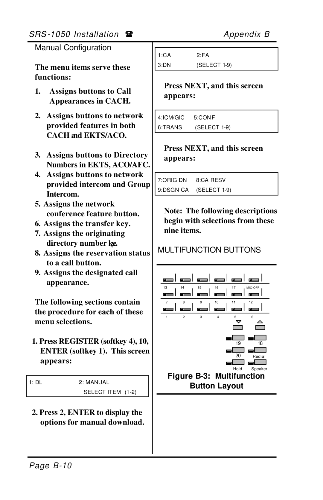 Fujitsu SRS-1050 manual Manual Configuration, Figure B-3 Multifunction Button Layout 