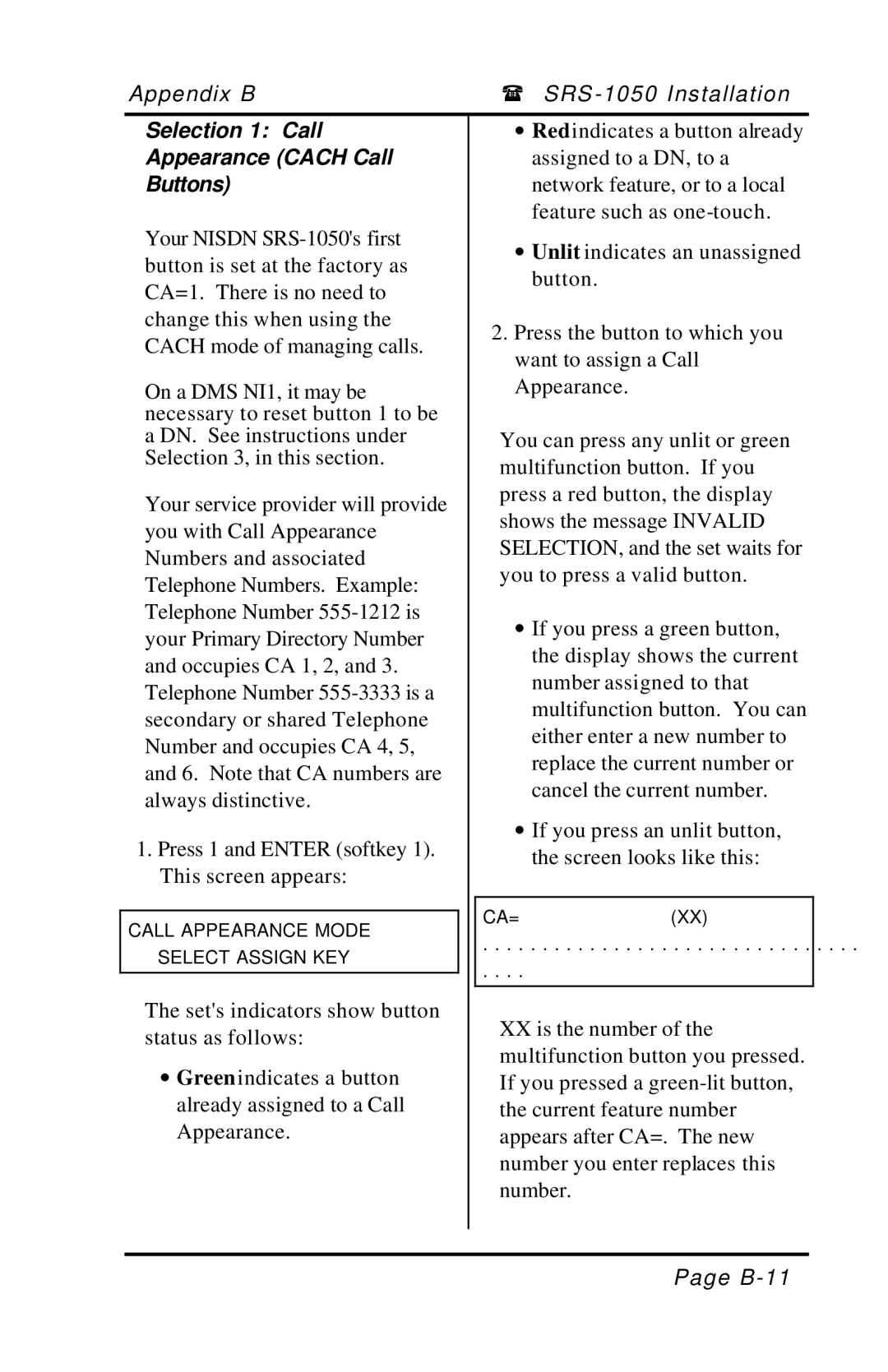 Fujitsu SRS-1050 manual Selection 1 Call, Appearance Cach Call, Buttons 