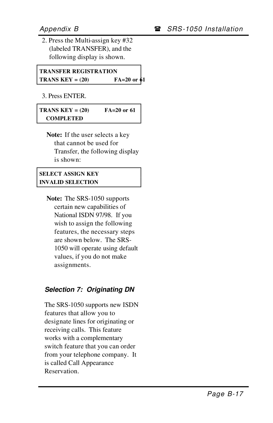 Fujitsu SRS-1050 manual Selection 7 Originating DN 