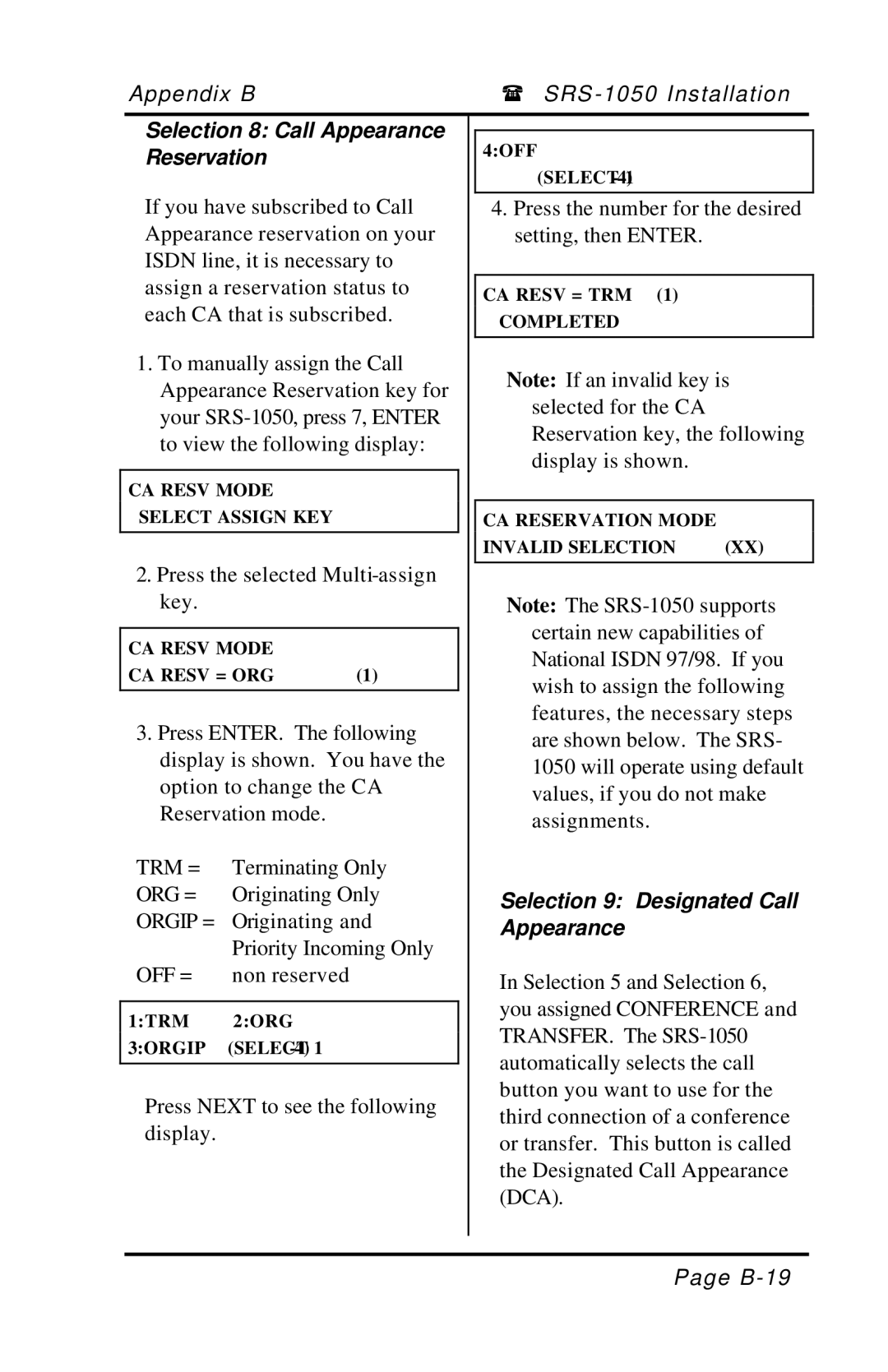 Fujitsu SRS-1050 manual Selection 8 Call Appearance, Reservation, Selection 9 Designated Call 