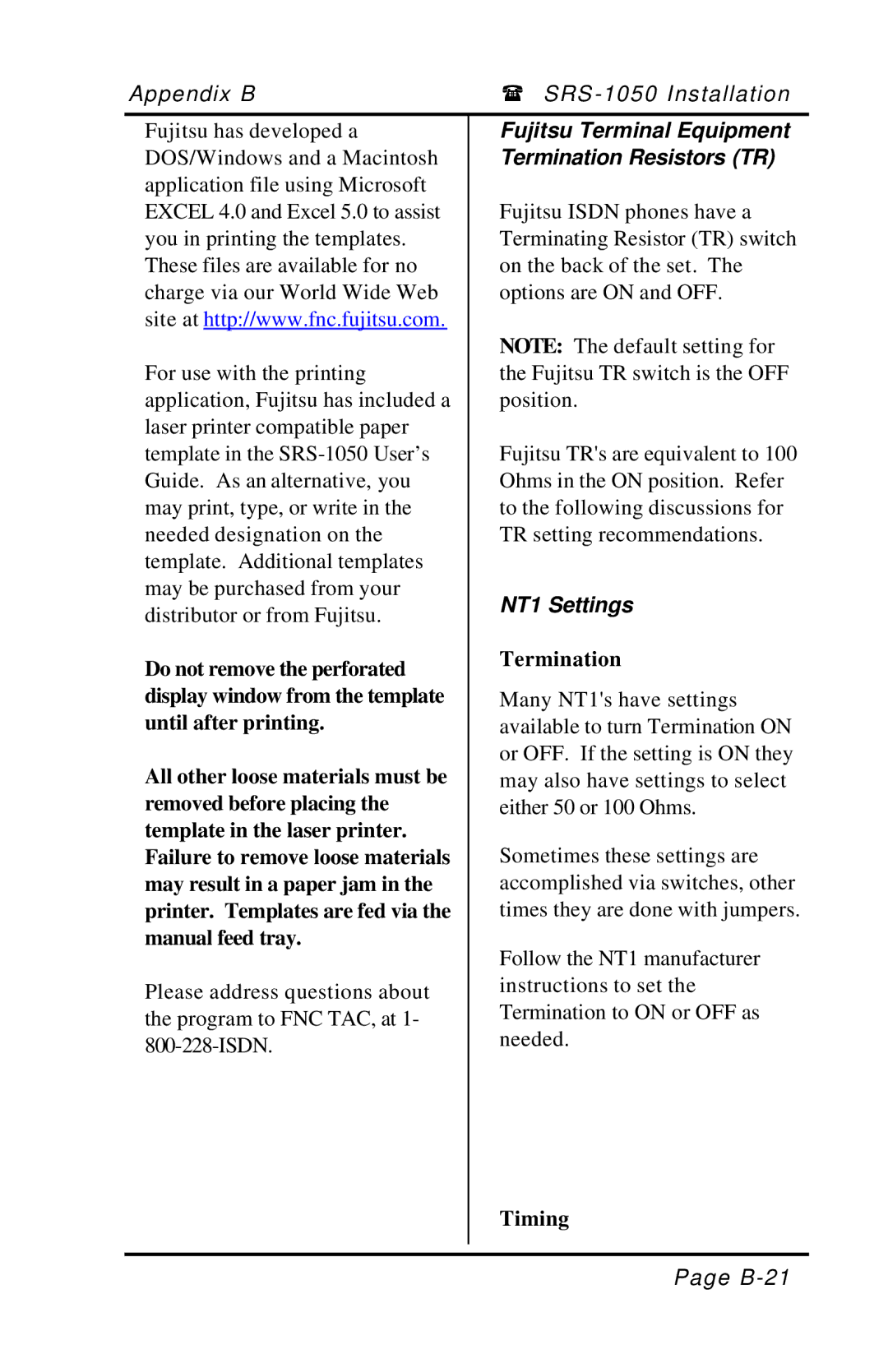 Fujitsu SRS-1050 manual Fujitsu Terminal Equipment, Termination Resistors TR, NT1 Settings 