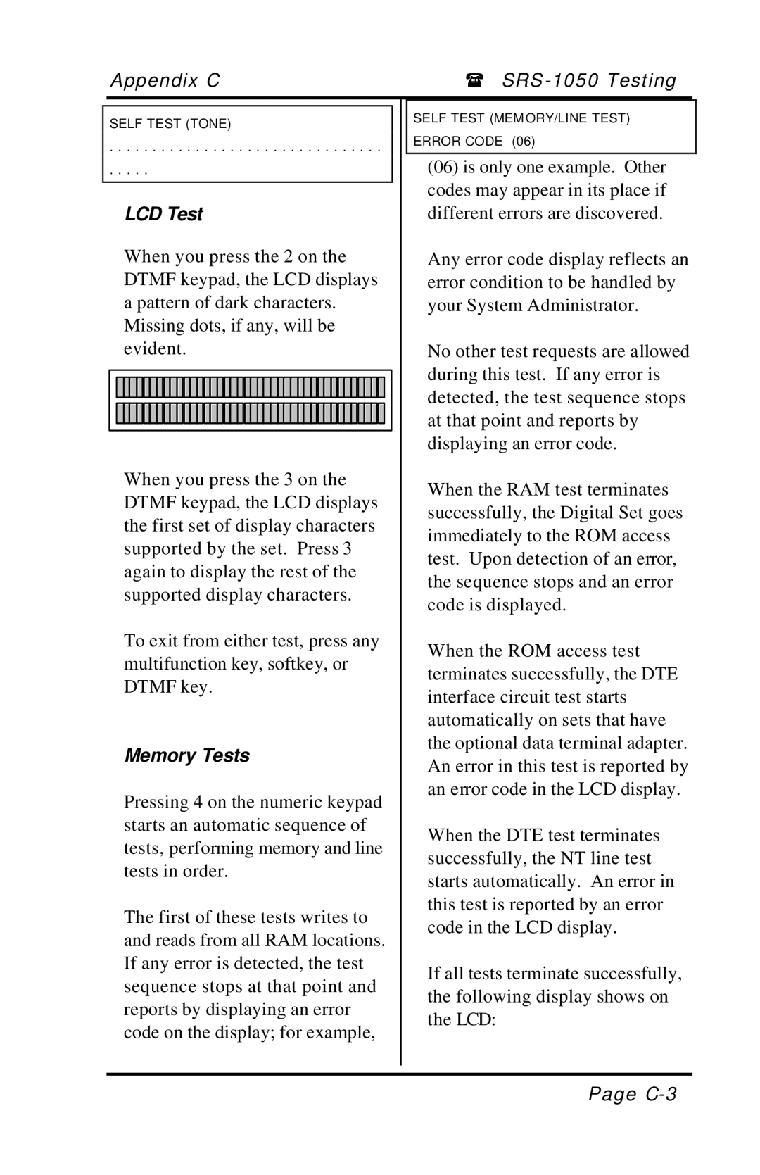 Fujitsu SRS-1050 manual LCD Test, Memory Tests 