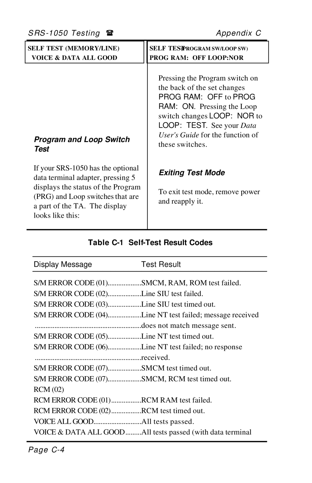 Fujitsu SRS-1050 manual Program and Loop Switch Test, Exiting Test Mode 