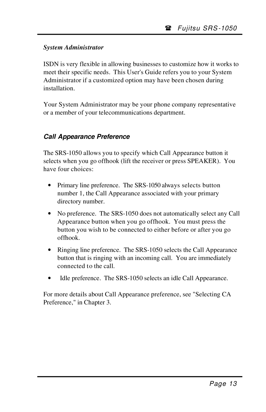 Fujitsu SRS-1050 manual System Administrator, Call Appearance Preference 