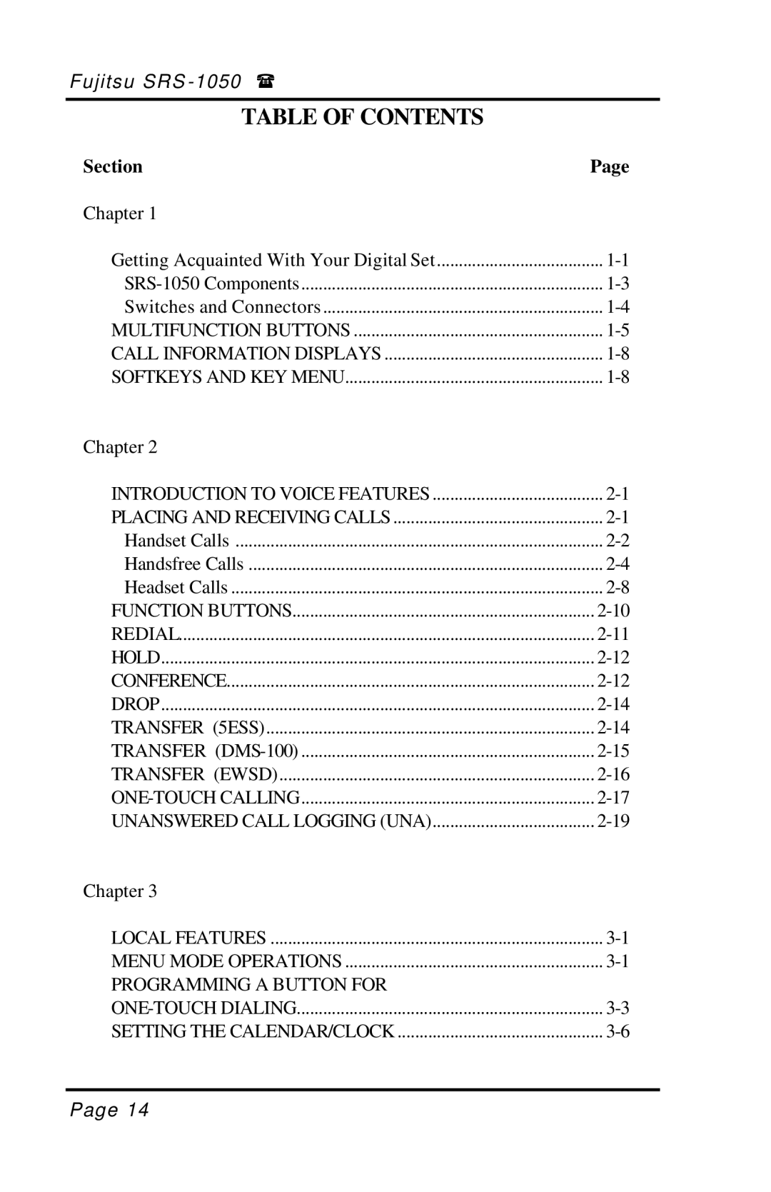 Fujitsu SRS-1050 manual Table of Contents 