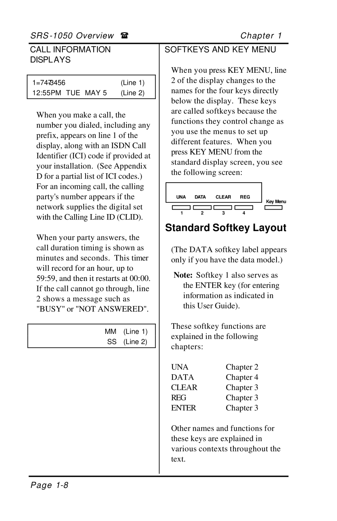 Fujitsu SRS-1050 manual Call Information Softkeys and KEY Menu Displays, Una, Clear, Reg, Enter 