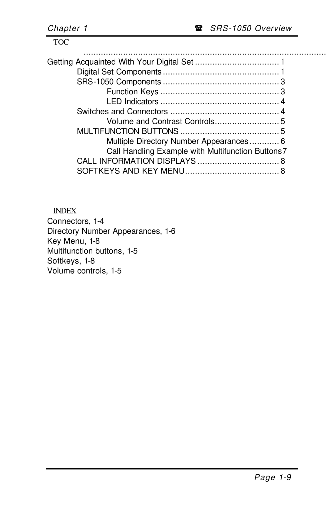 Fujitsu SRS-1050 manual Call Information Displays Softkeys and KEY Menu, Index 