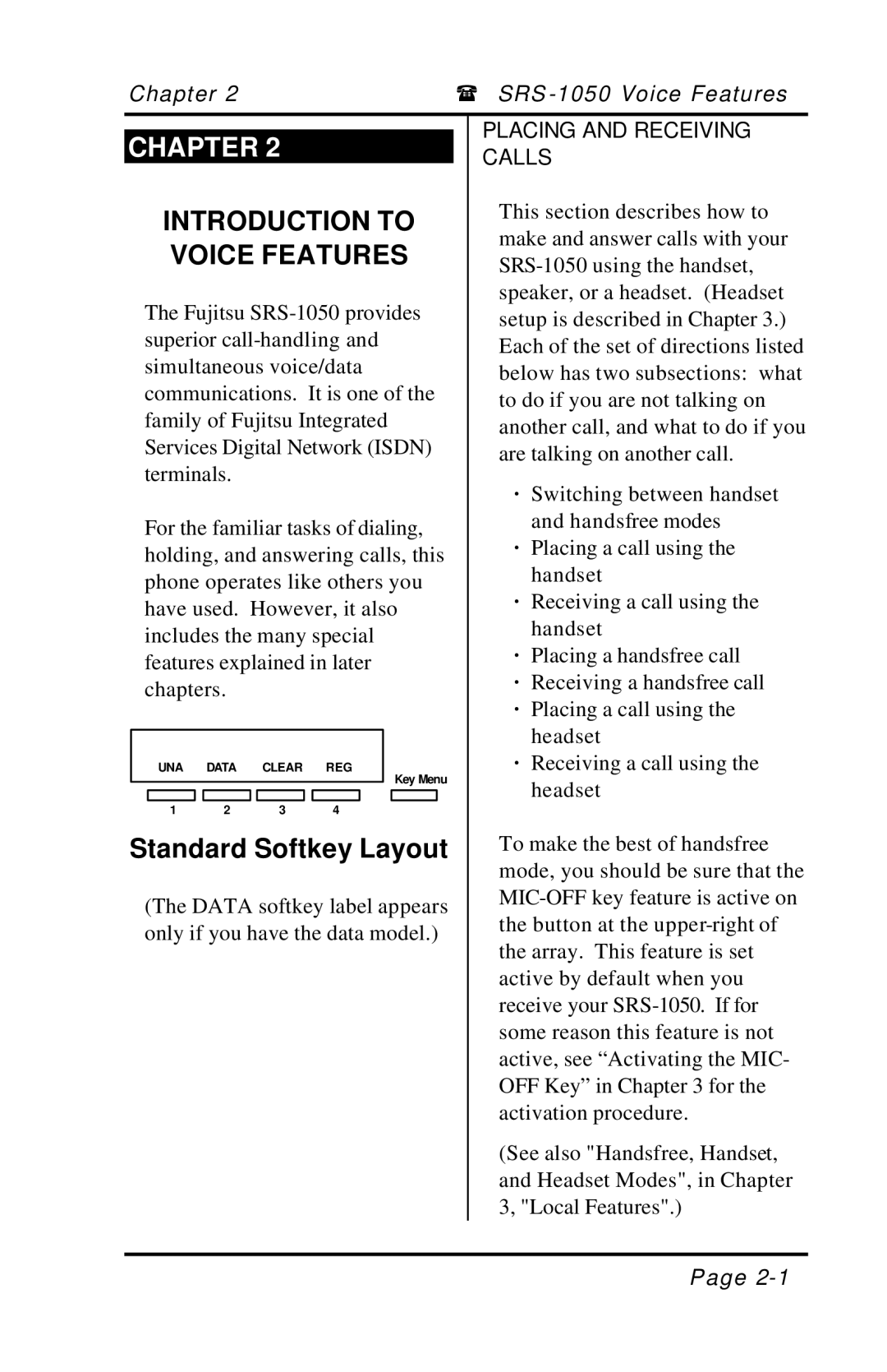 Fujitsu SRS-1050 manual Introduction to Voice Features, Placing and Receiving Calls 