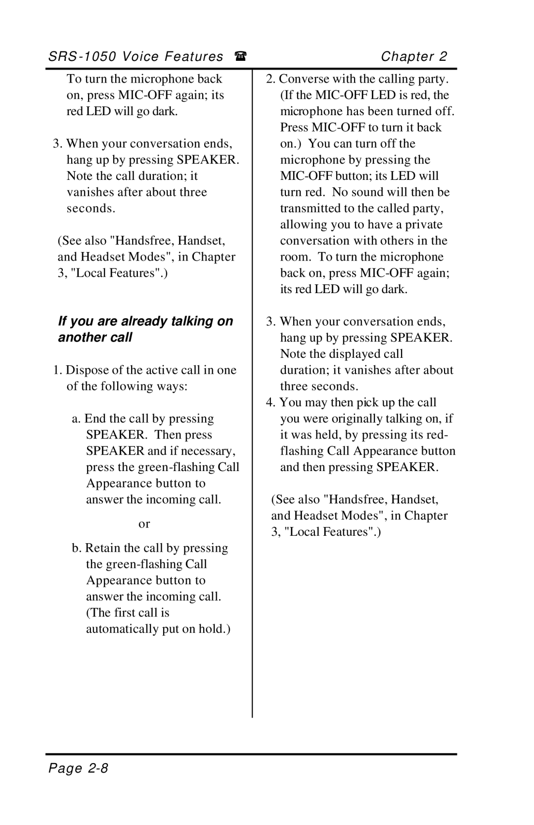 Fujitsu SRS-1050 manual If you are already talking on another call 