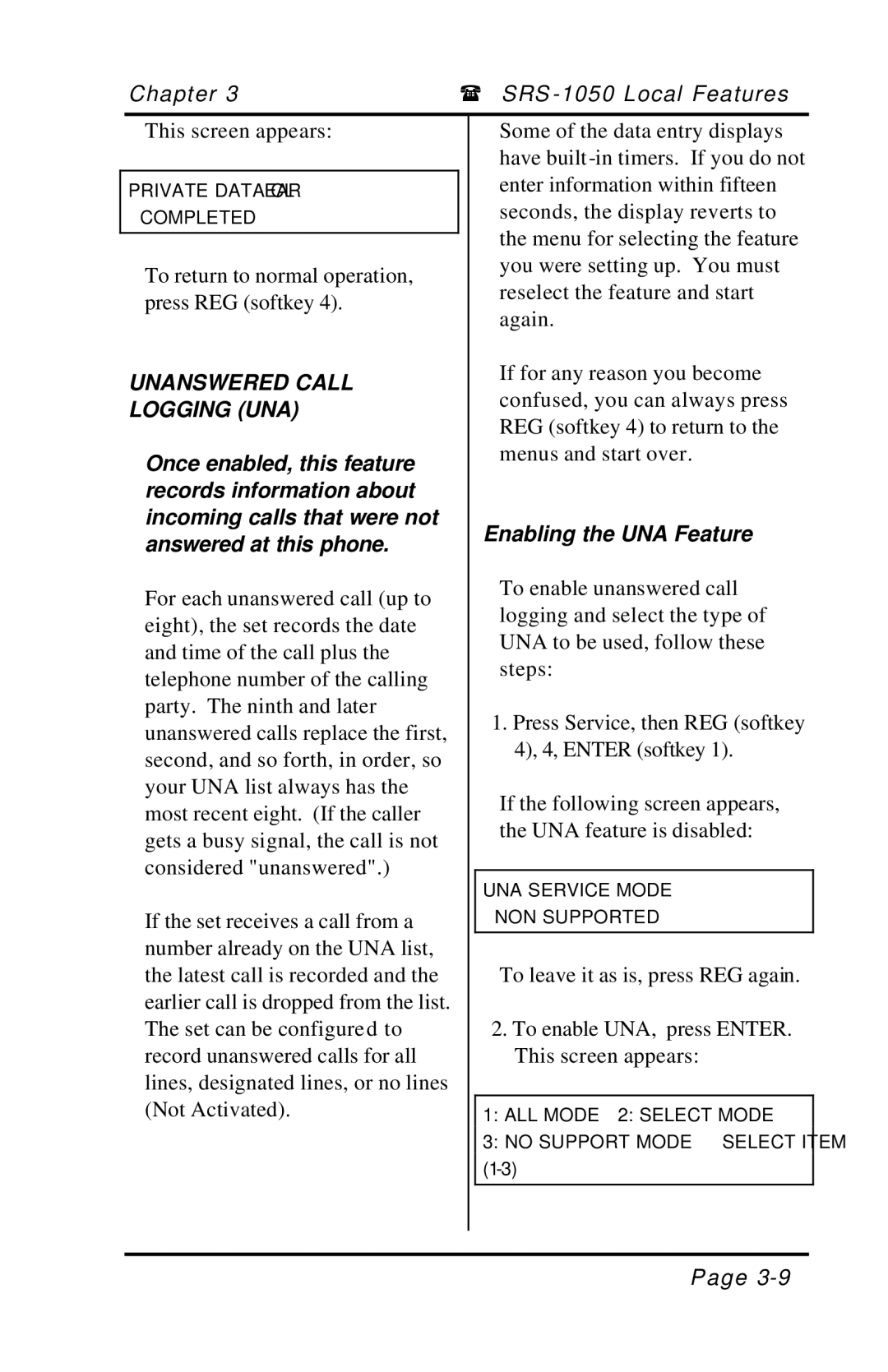 Fujitsu SRS-1050 manual Unanswered Call Logging UNA, Enabling the UNA Feature 