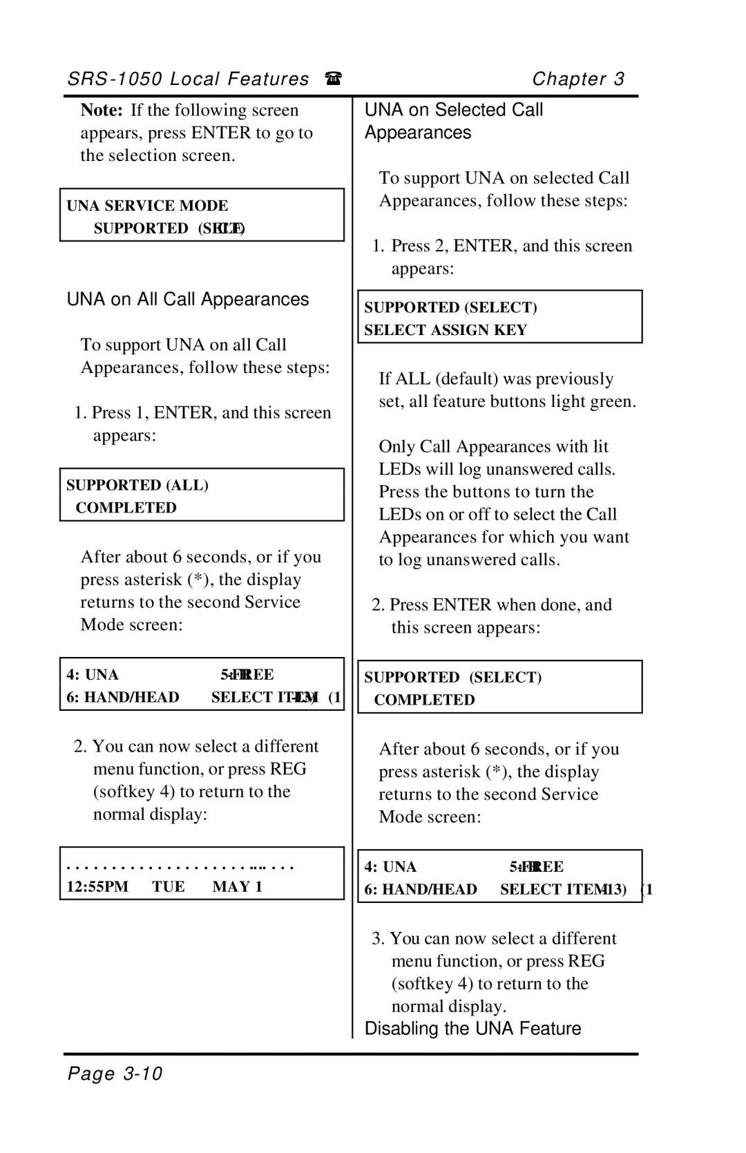 Fujitsu SRS-1050 manual UNA on Selected Call, UNA on All Call Appearances, Disabling the UNA Feature 