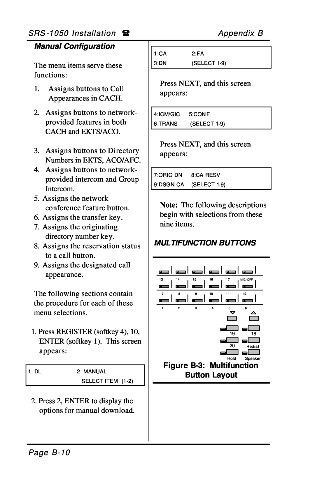 Fujitsu SRS-1050 manual Manual Configuration, Figure B-3 Multifunction Button Layout, Multifunction Buttons 