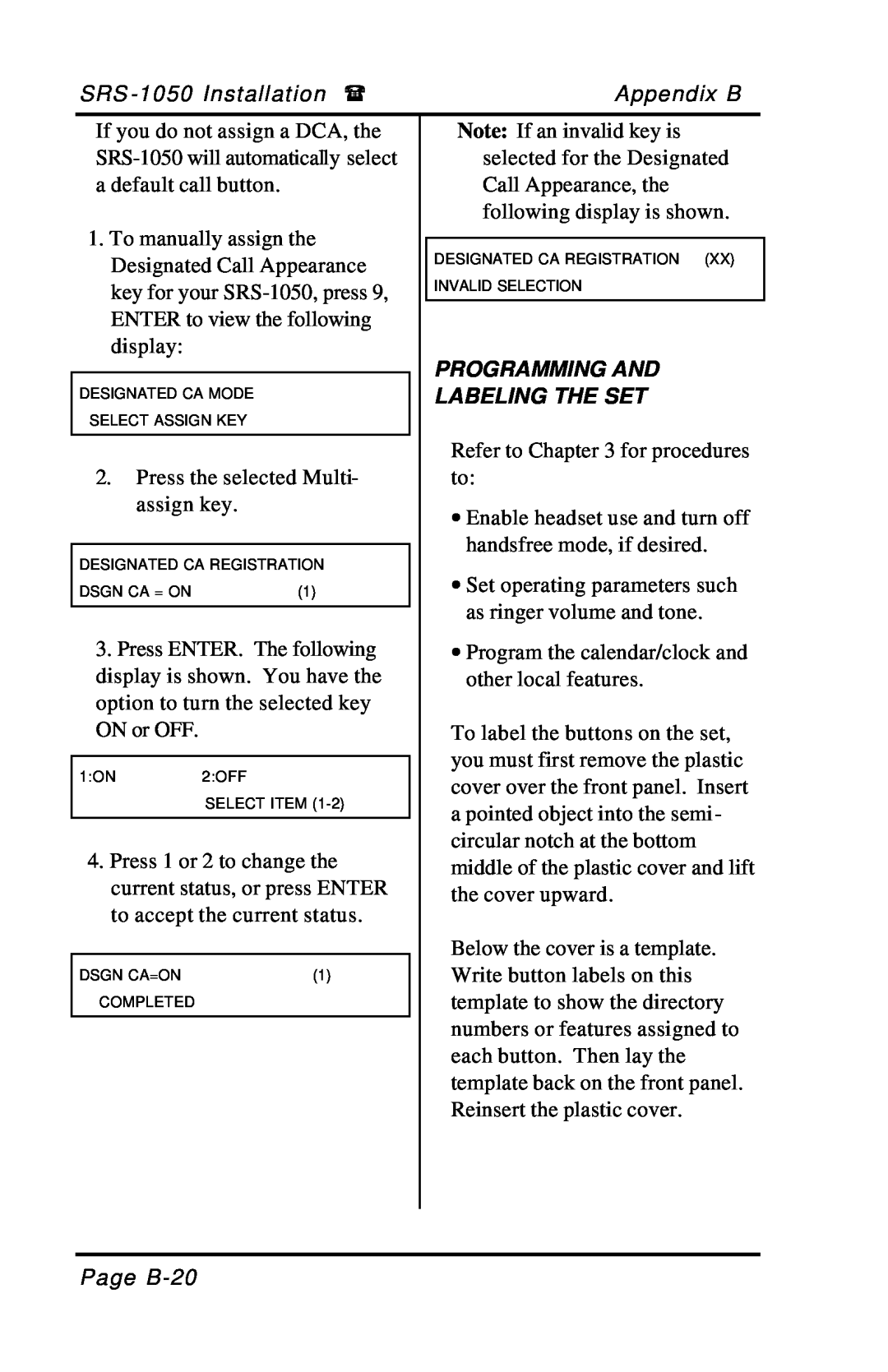 Fujitsu SRS-1050 manual Programming And Labeling The Set, SRS -1050 Installation, Appendix B, Page B-20 