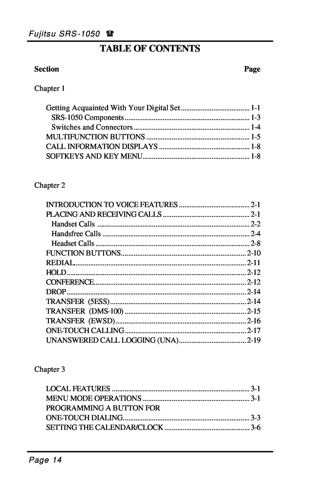 Fujitsu SRS-1050 manual Table Of Contents, Section, Page 
