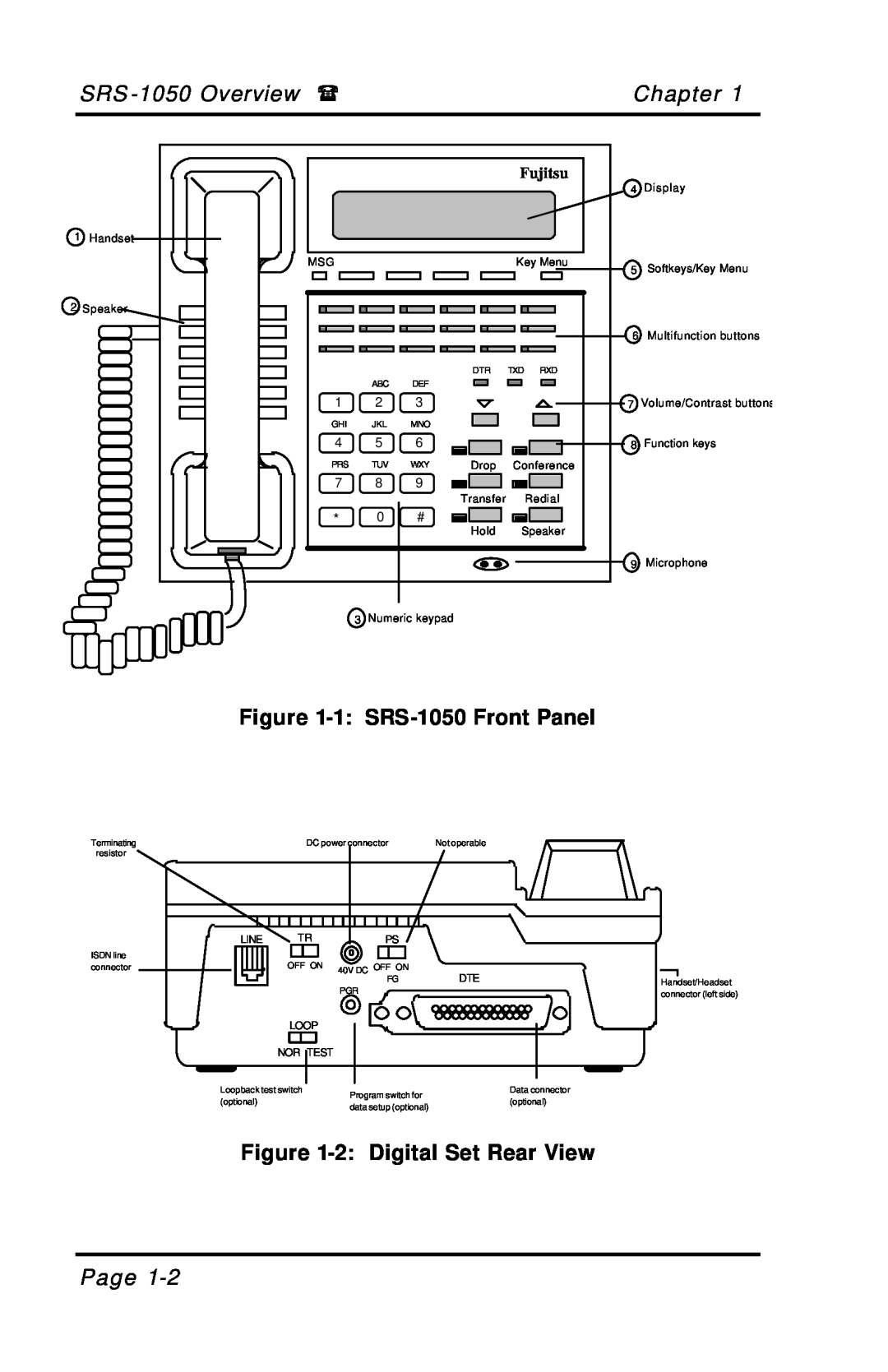 Fujitsu manual 1 SRS-1050 Front Panel, 2 Digital Set Rear View, Fujitsu 
