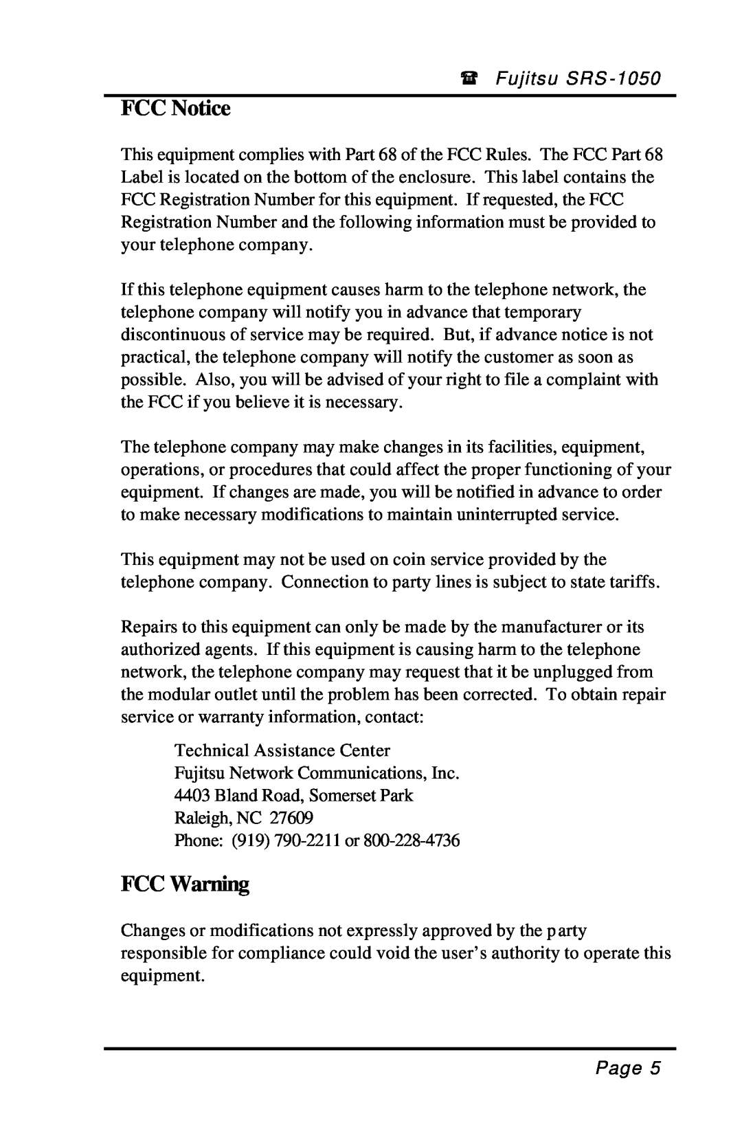 Fujitsu SRS-1050 manual FCC Notice, FCC Warning 