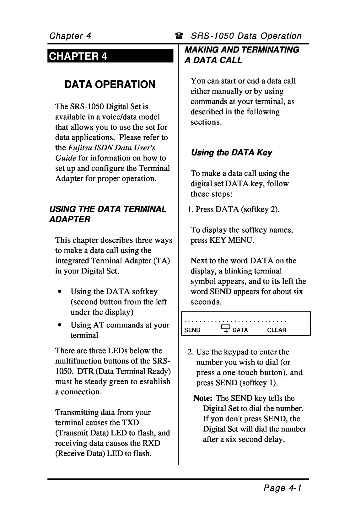 Fujitsu SRS-1050 Data Operation, Using The Data Terminal Adapter, Making And Terminating A Data Call, Using the DATA Key 