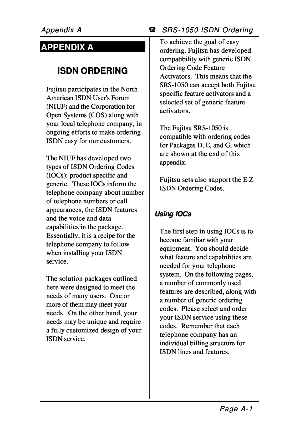 Fujitsu SRS-1050 manual Appendix A, Isdn Ordering, Using IOCs 