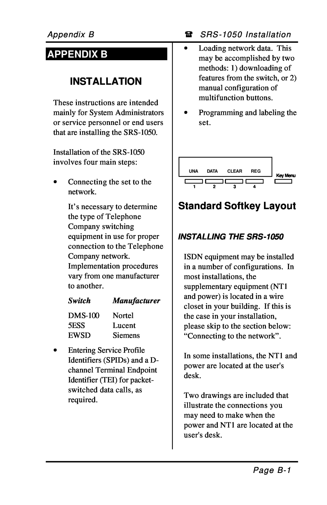 Fujitsu manual Appendix B, Installation, Switch Manufacturer, INSTALLING THE SRS-1050, Standard Softkey Layout 