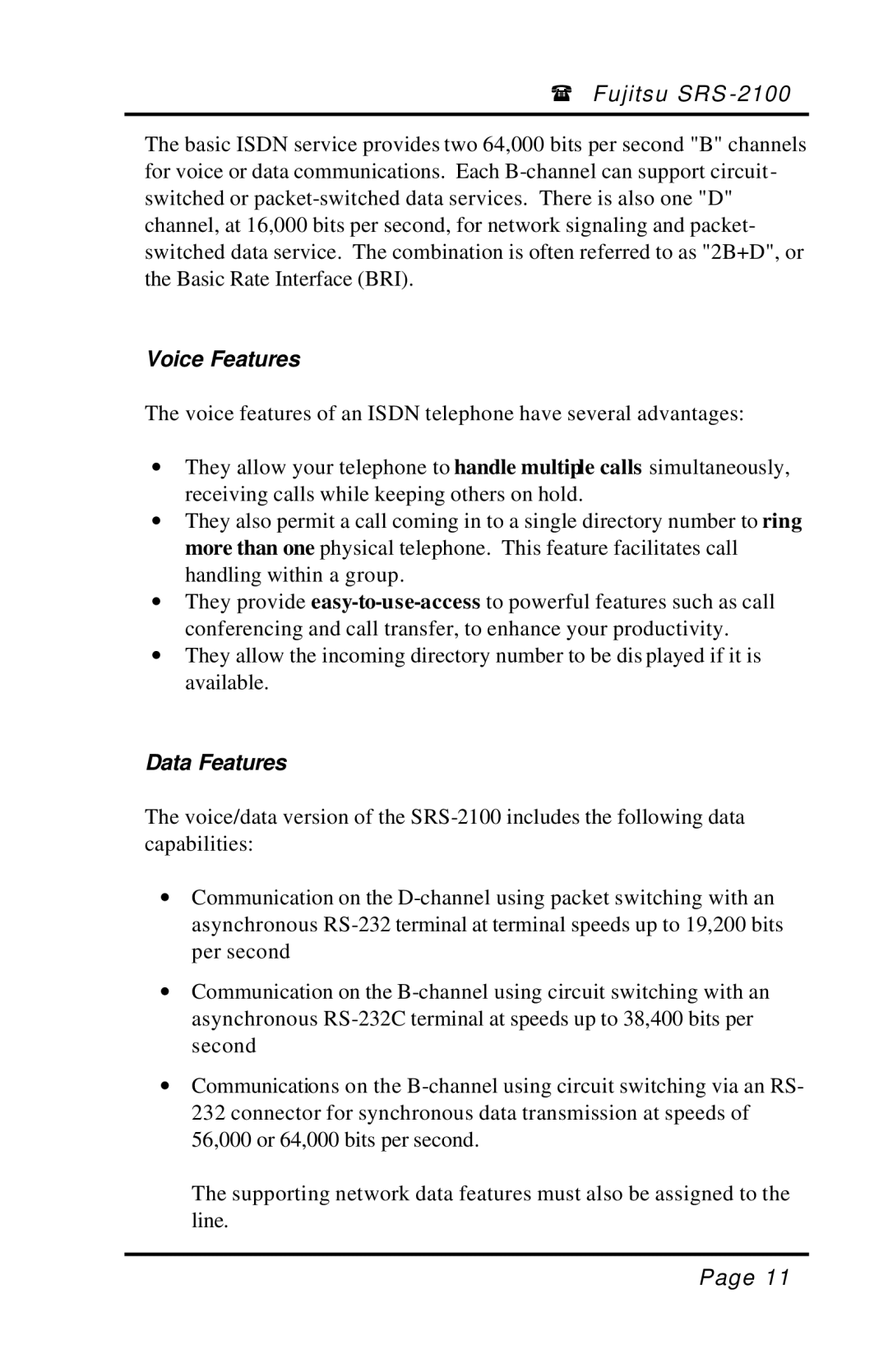 Fujitsu SRS-2100 manual Voice Features, Data Features 