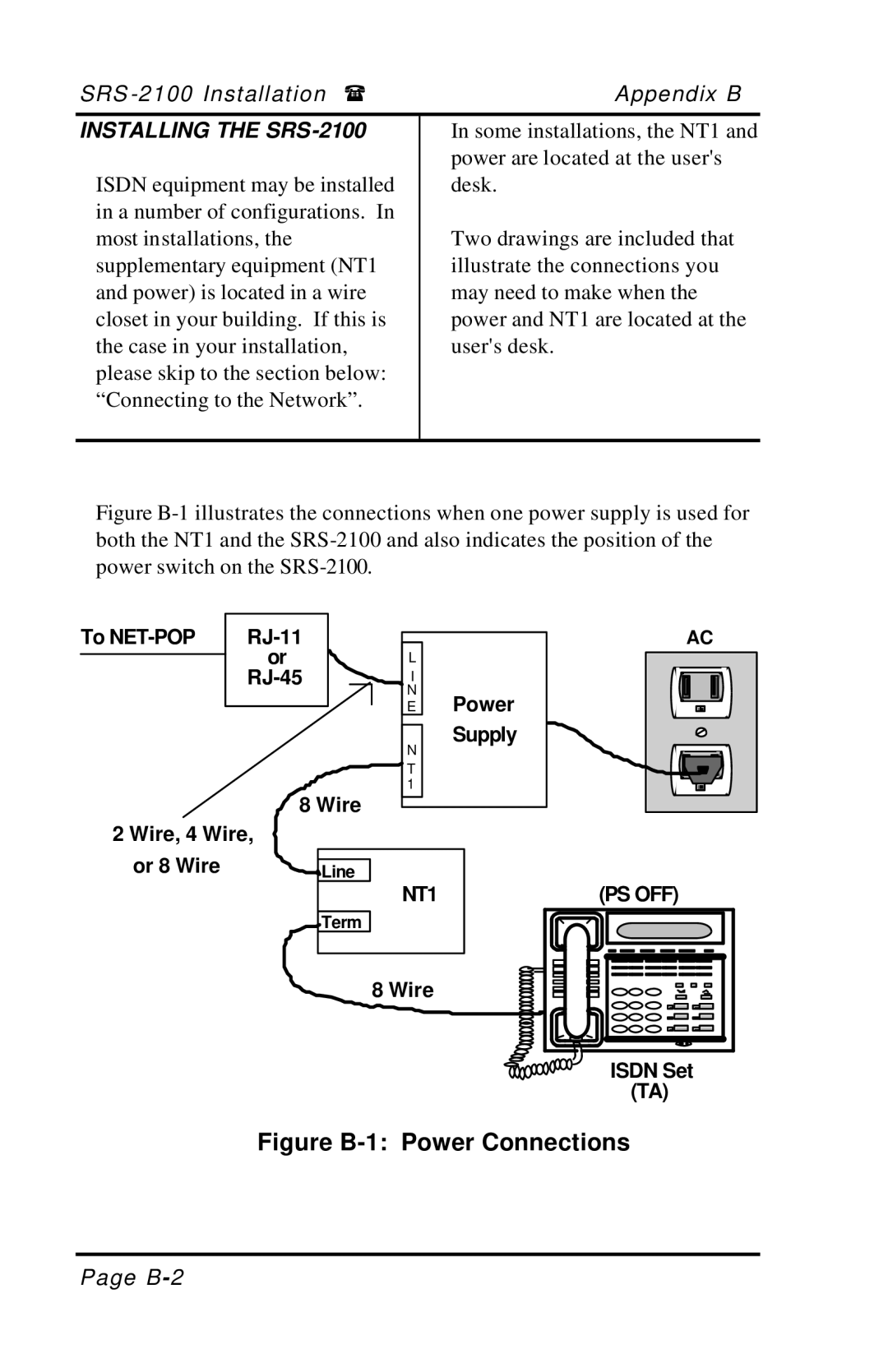 Fujitsu manual Figure B-1 Power Connections, Installing the SRS-2100 