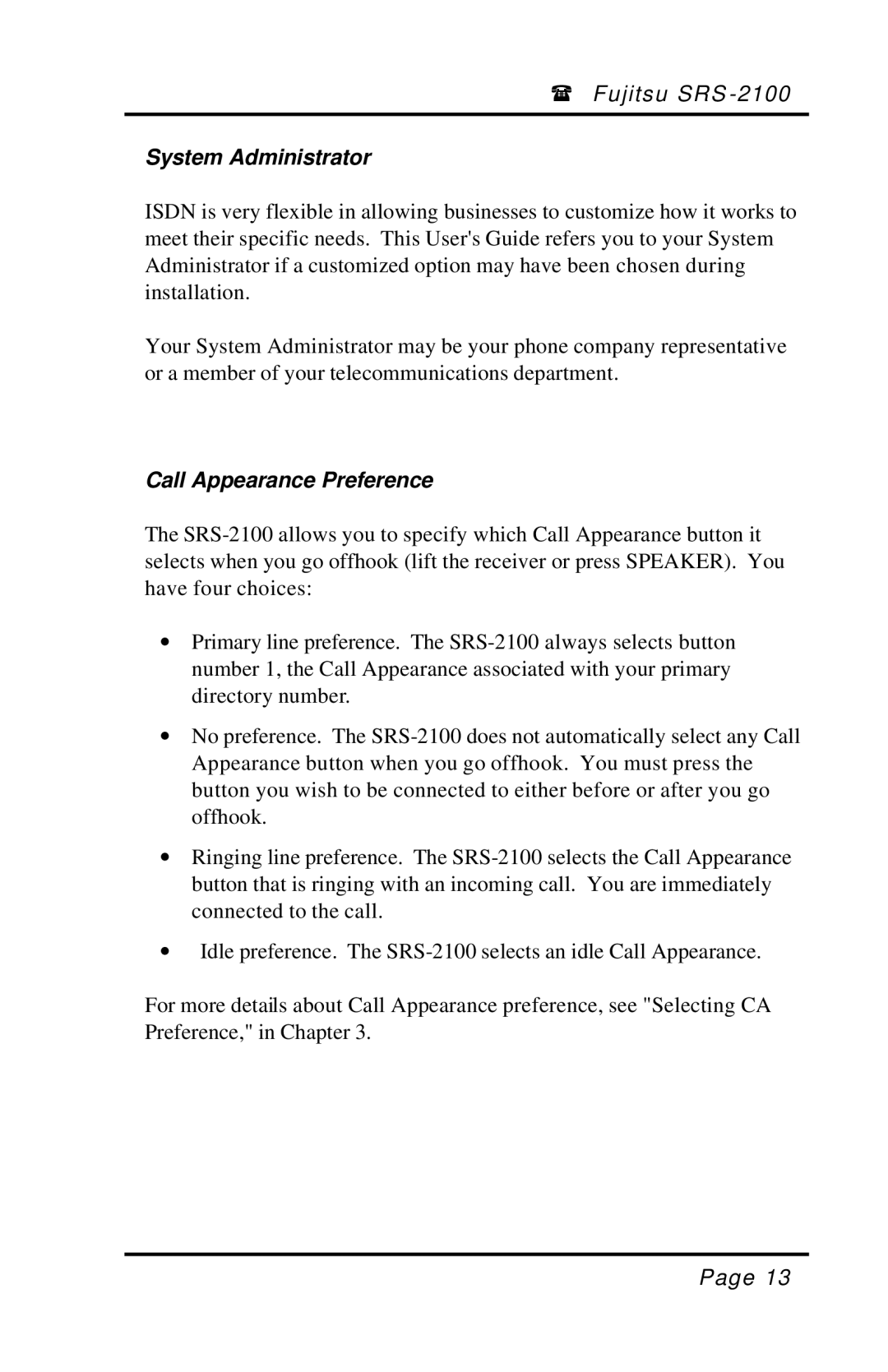 Fujitsu SRS-2100 manual System Administrator, Call Appearance Preference 