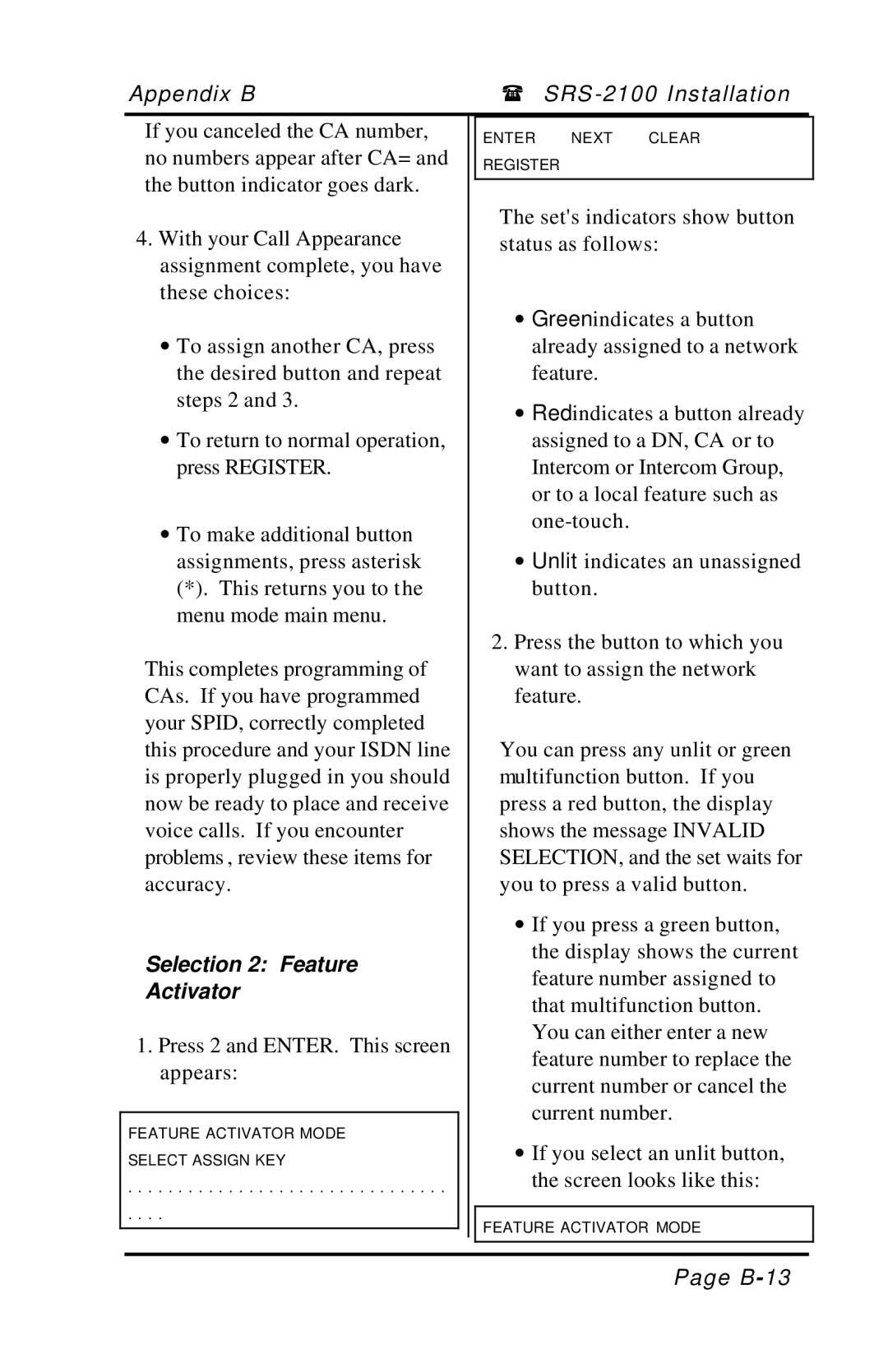 Fujitsu SRS-2100 manual Selection 2 Feature Activator 