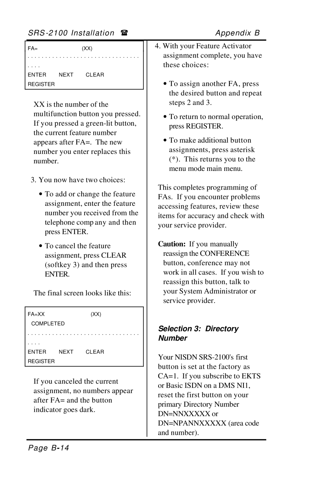 Fujitsu SRS-2100 manual Enter, Selection 3 Directory Number 