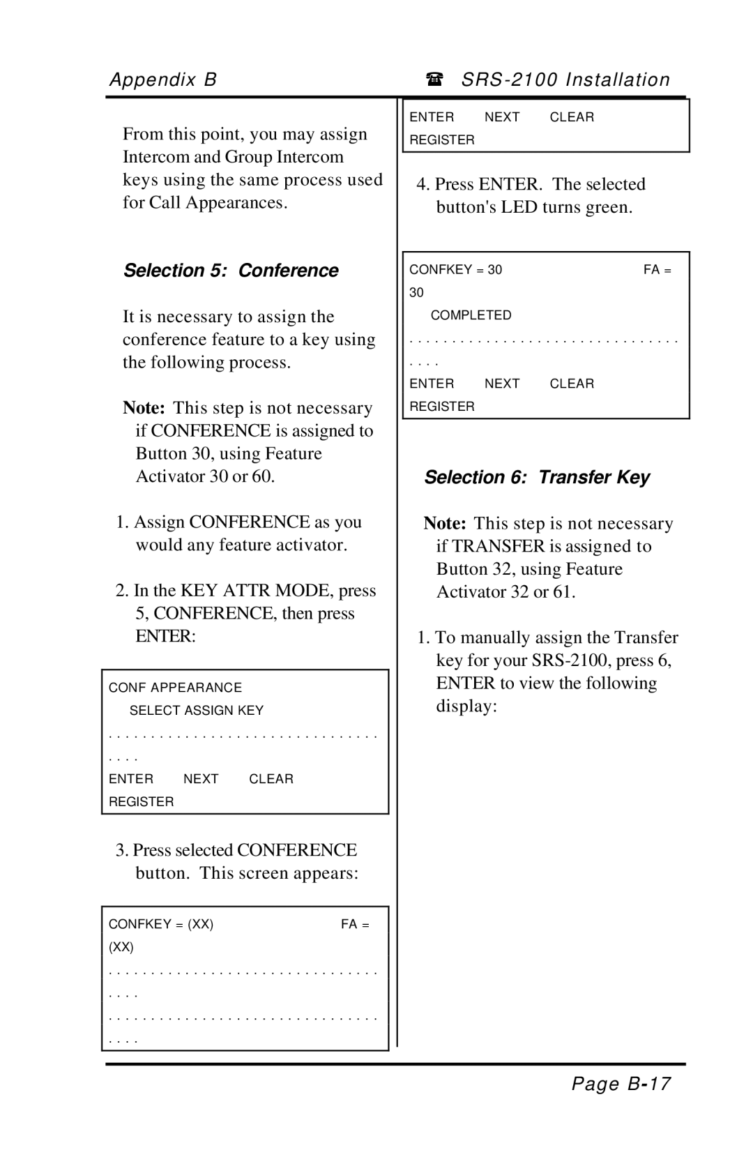 Fujitsu SRS-2100 manual Selection 5 Conference, Selection 6 Transfer Key 