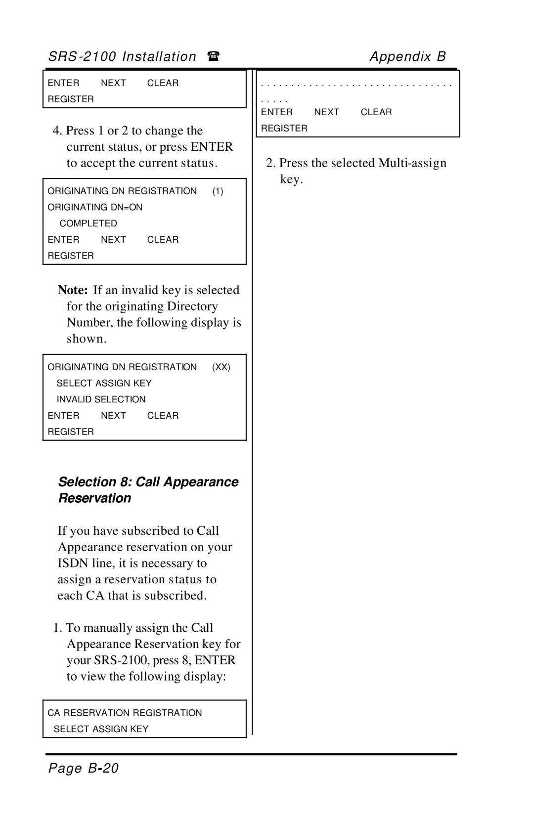 Fujitsu SRS-2100 manual Selection 8 Call Appearance Reservation 