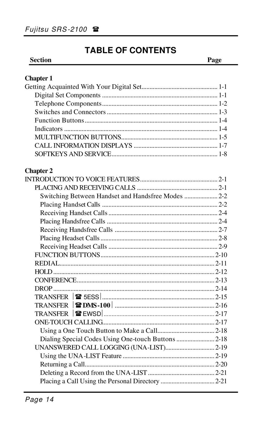 Fujitsu SRS-2100 manual Table of Contents 