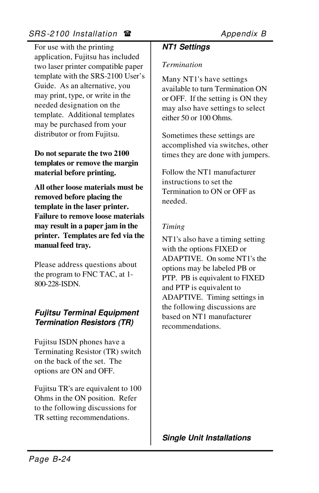Fujitsu SRS-2100 manual NT1 Settings, Fujitsu Terminal Equipment, Termination Resistors TR, Single Unit Installations 