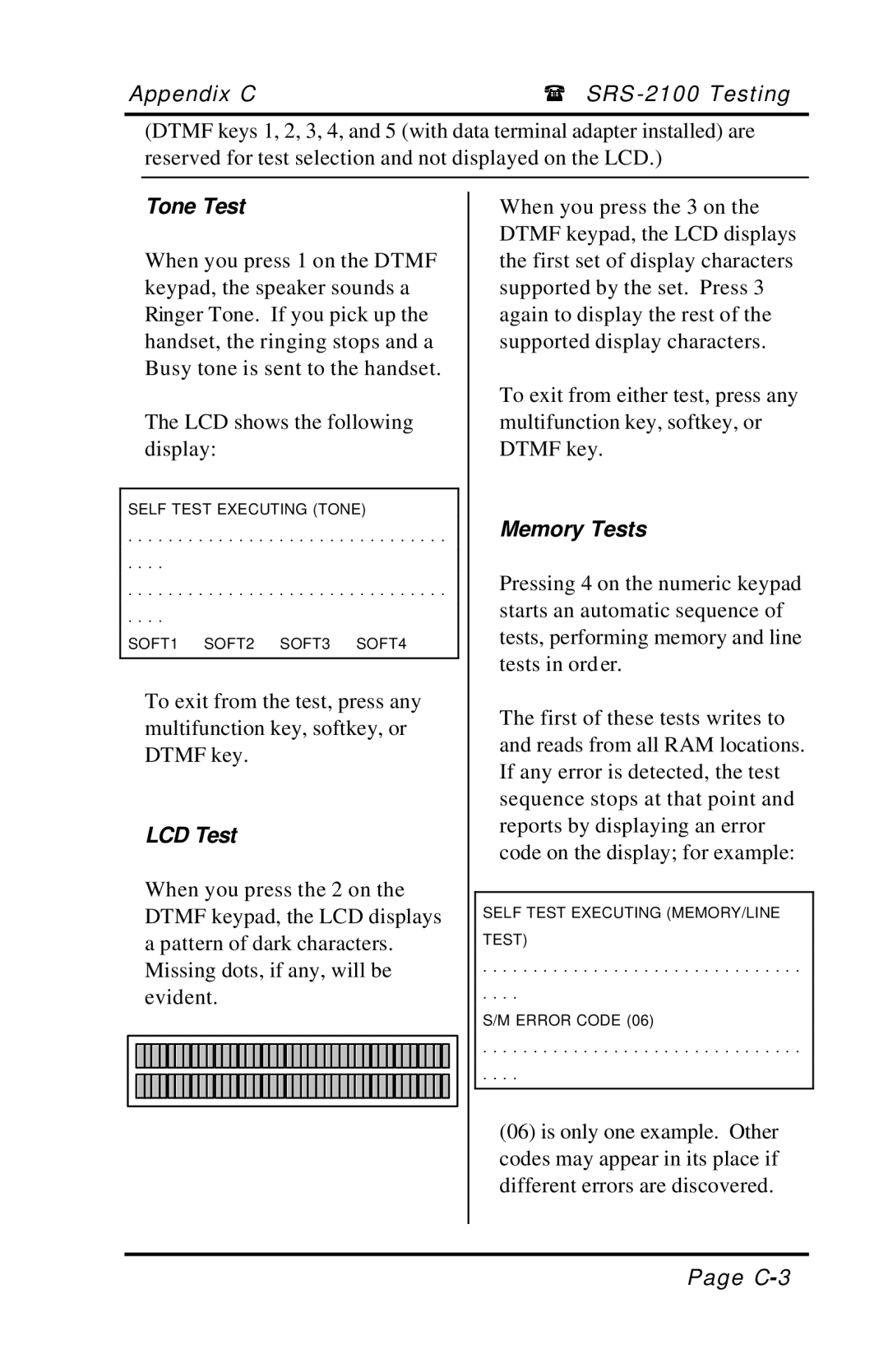 Fujitsu SRS-2100 manual Tone Test, LCD Test, Memory Tests 