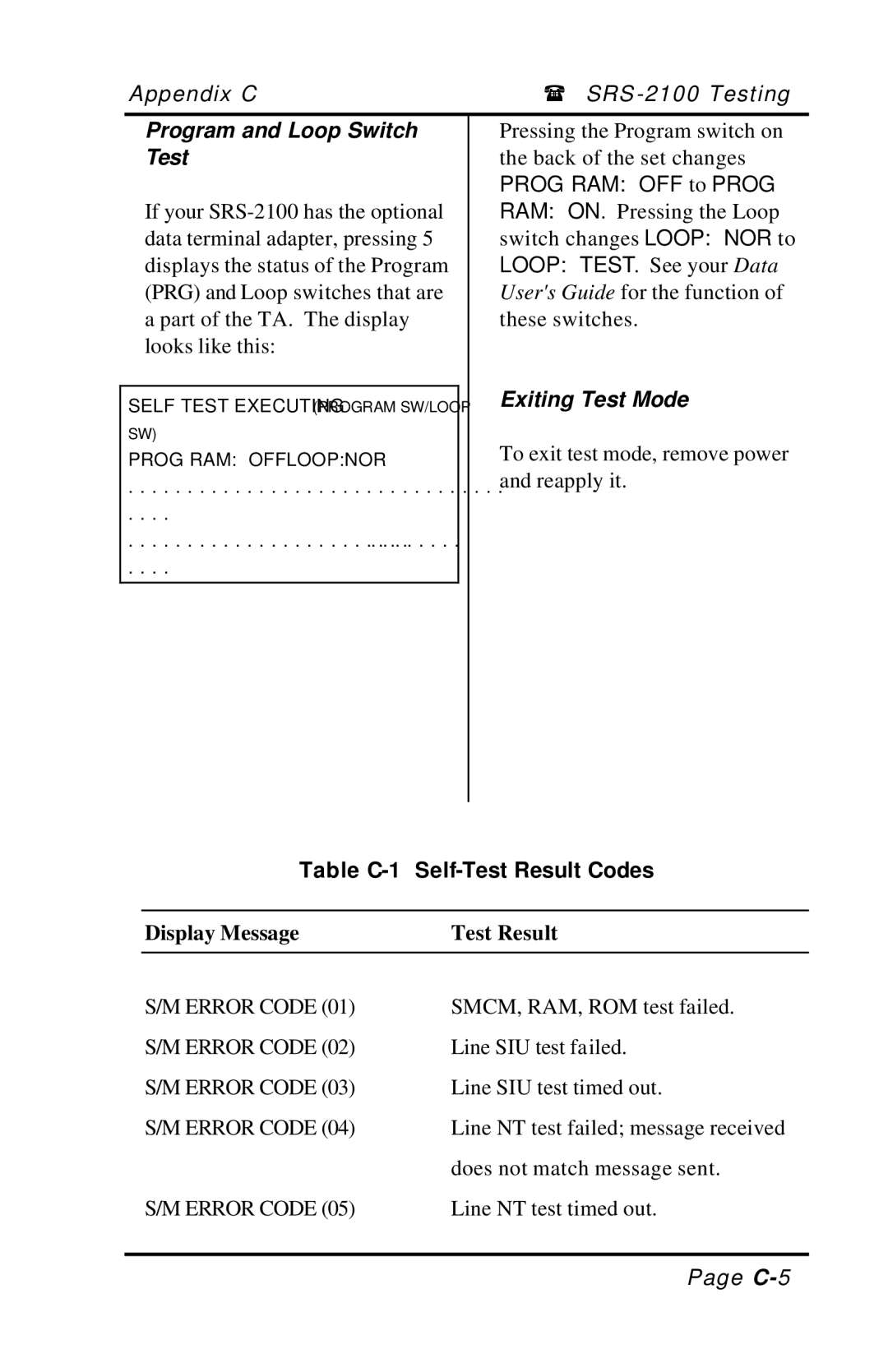 Fujitsu SRS-2100 manual Program and Loop Switch, Exiting Test Mode, Table C-1 Self-Test Result Codes 